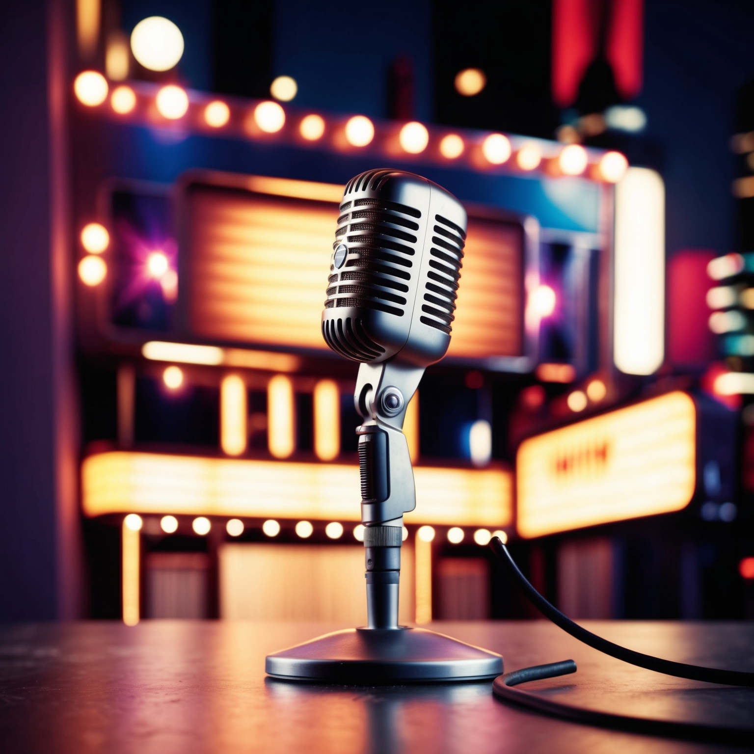 A vintage microphone on a stage with soft lighting, evoking a 1970s ambience. In the background, a stylized cityscape with bright marquee lights hinting at both urban life and glam rock culture, creating a sense of nostalgia and musical legacy.