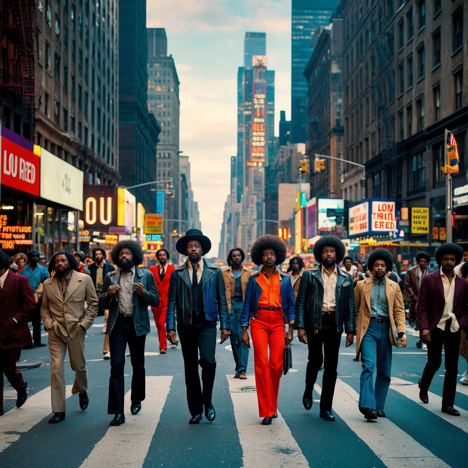 An artistic representation of a bustling urban street in 1970s New York City, with diverse characters walking freely, embodying themes of individuality and counterculture, vibrant lights reflecting the energy and boldness of Lou Reed