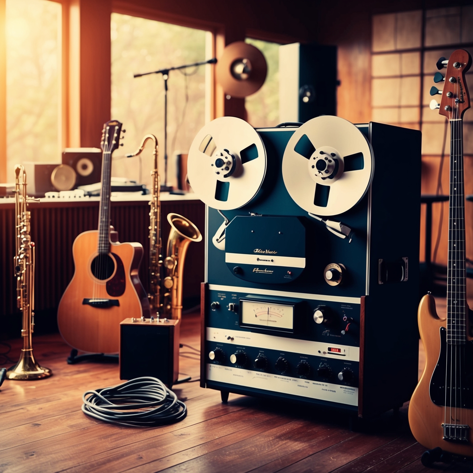 A digital depiction of a vintage recording studio from the early 1970s, capturing an atmosphere of musical creativity and innovation. Include vintage instruments like an acoustic guitar, a saxophone, and a bass guitar, with a focus on a reel-to-reel tape recorder in the foreground, reflecting the essence of recording music during that era.