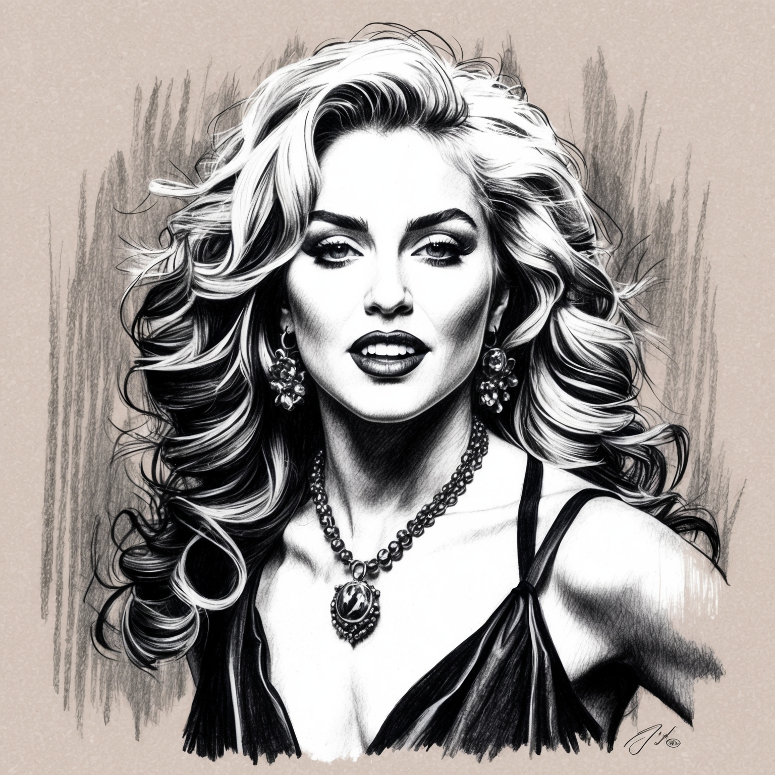 Create a black and white charcoal, stylistic drawing of Madonna, capturing a half-finished feel, emphasizing her 1980s iconography and energetic persona.