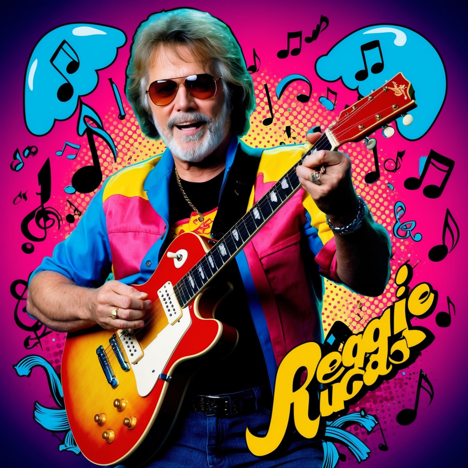 Portrait of Reggie Lucas playing guitar, surrounded by musical notes and instruments, in a vibrant 1980s pop art style