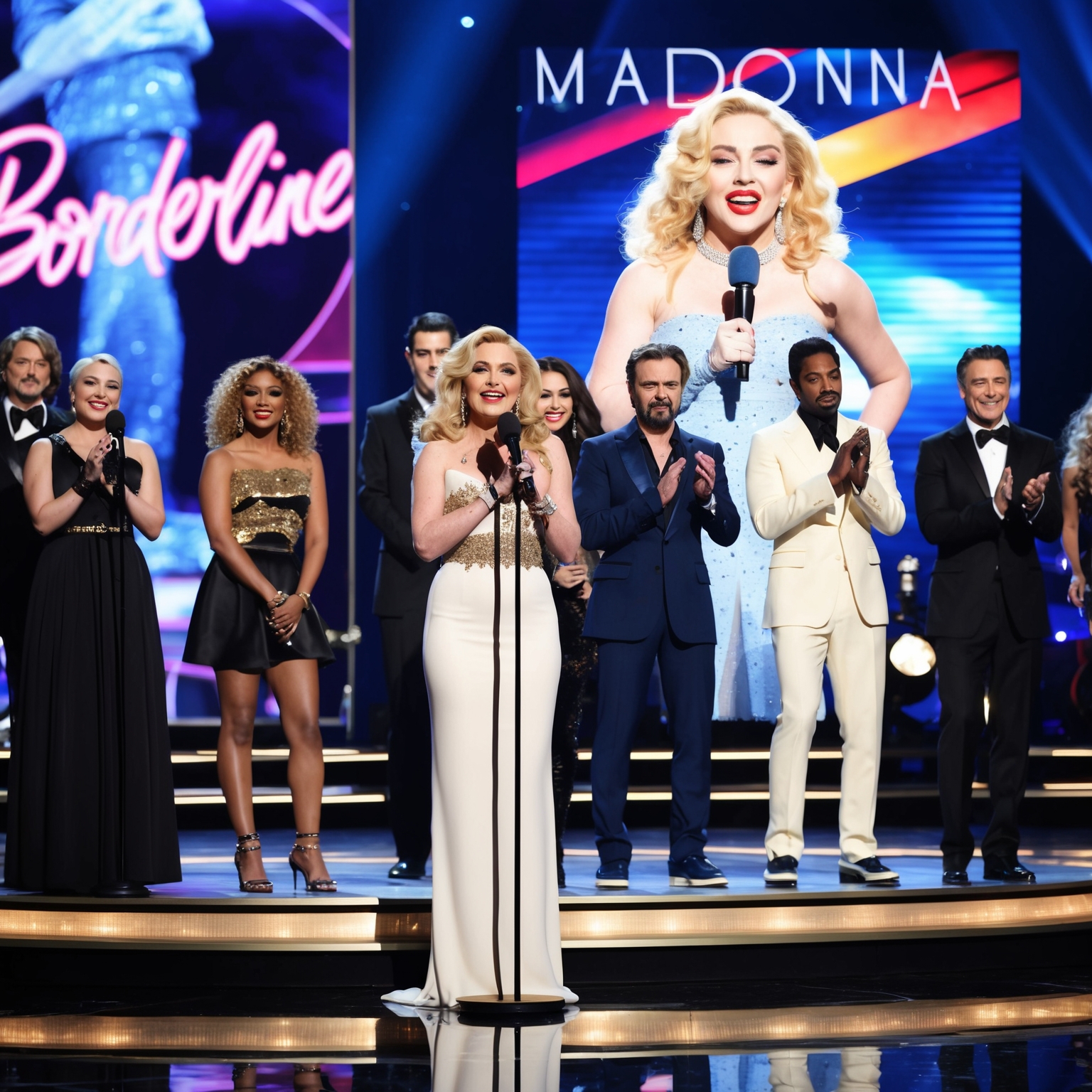 Generate an image featuring a stylized representation of a music award ceremony, highlighting a classic 1980s theme with artists on stage and Madonna