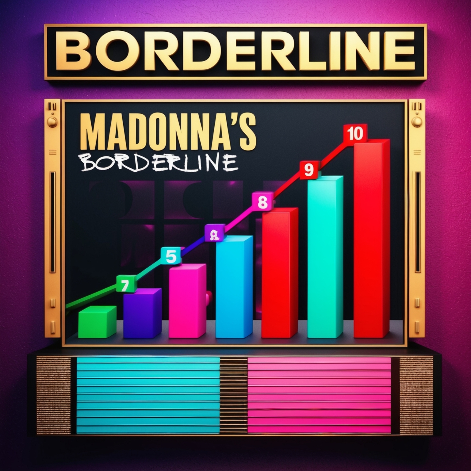 Create an image depicting a vibrant 1980s music chart with colorful bars showing Madonna