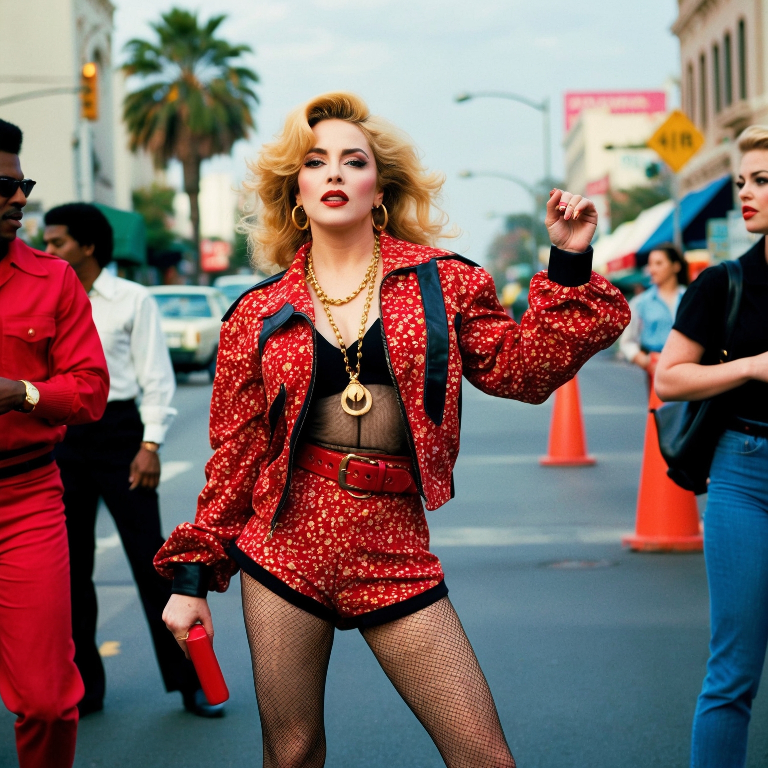 A vibrant and iconic 1980s Los Angeles street scene with Madonna styled in her distinctive fashion, embodying the youthful, rebellious energy that defined her early music career. The scene should capture the narrative essence of love and emotional conflicts, with bright colors and a vintage pop culture aesthetic.