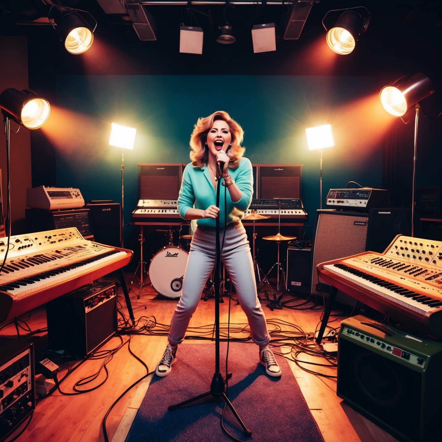 Create an image depicting a vibrant 1980s recording studio scene, capturing the essence of a pop music production session. The room is filled with vintage synthesizers, electric guitars, and a drum machine. Spotlights illuminate a female pop artist in the center, energetically performing into a studio microphone. The surroundings reflect a mix of retro tech and dynamic creativity, echoing a sense of musical innovation and excitement typical of early 1980s pop culture.