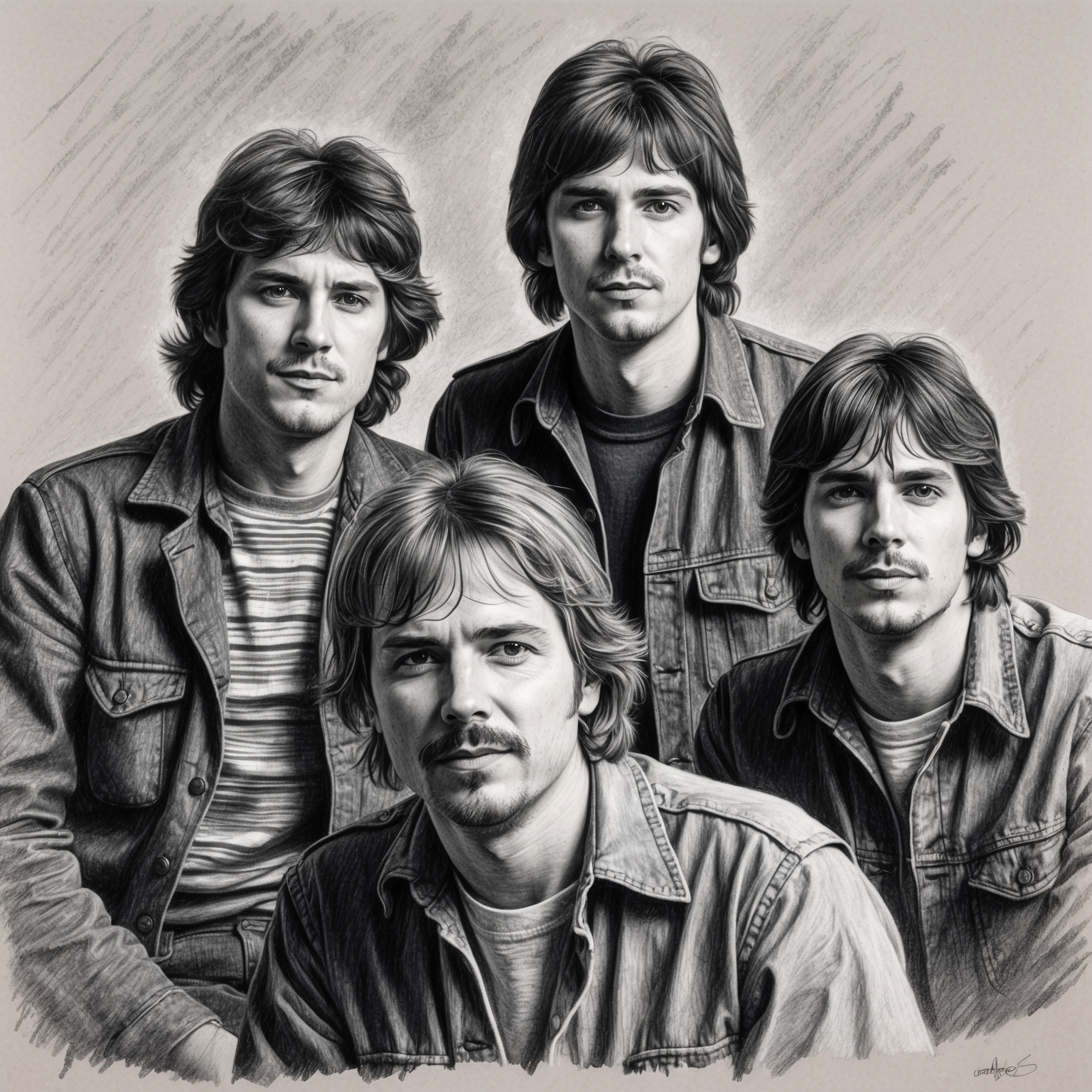 Create a black and white charcoal portrait of the band Men At Work. The drawing should depict a half-finished appearance, focusing on the members during the early 1980s, reflecting a stylistic yet incomplete artistic look.