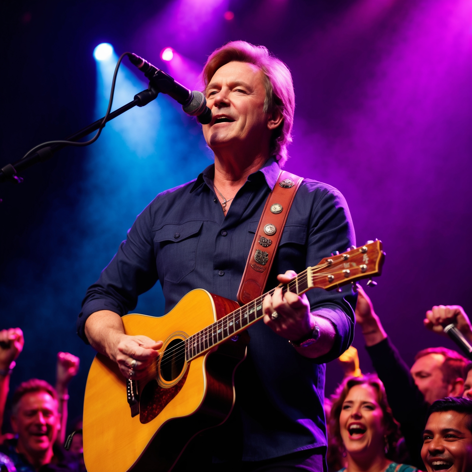 Portrait of Colin Hay, frontman and composer for Men At Work, performing on stage with a guitar, surrounded by a vibrant and energetic crowd, capturing the essence of his multicultural musical style.