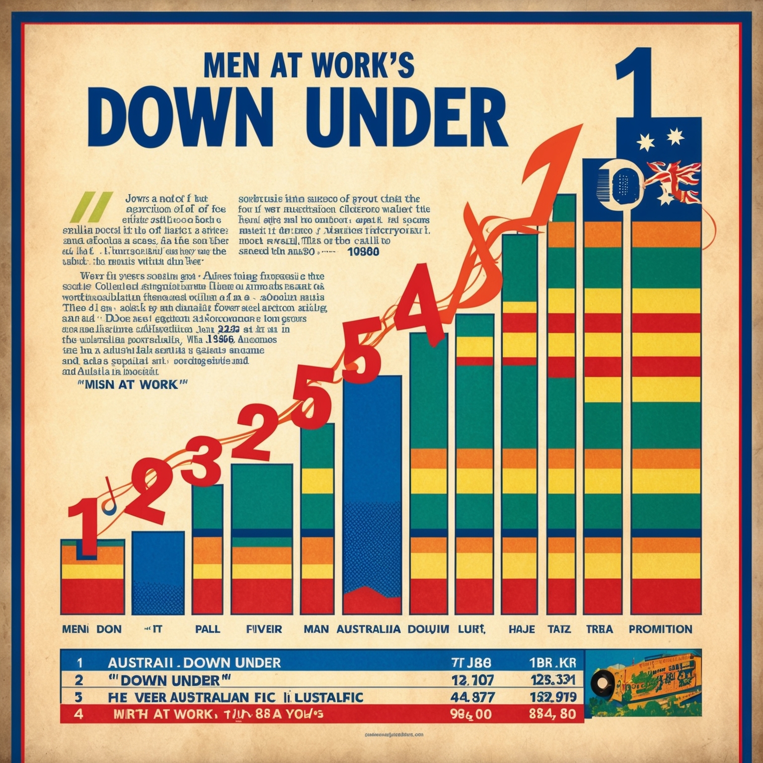 Create an illustration of a vintage music chart from the 1980s featuring Men At Work