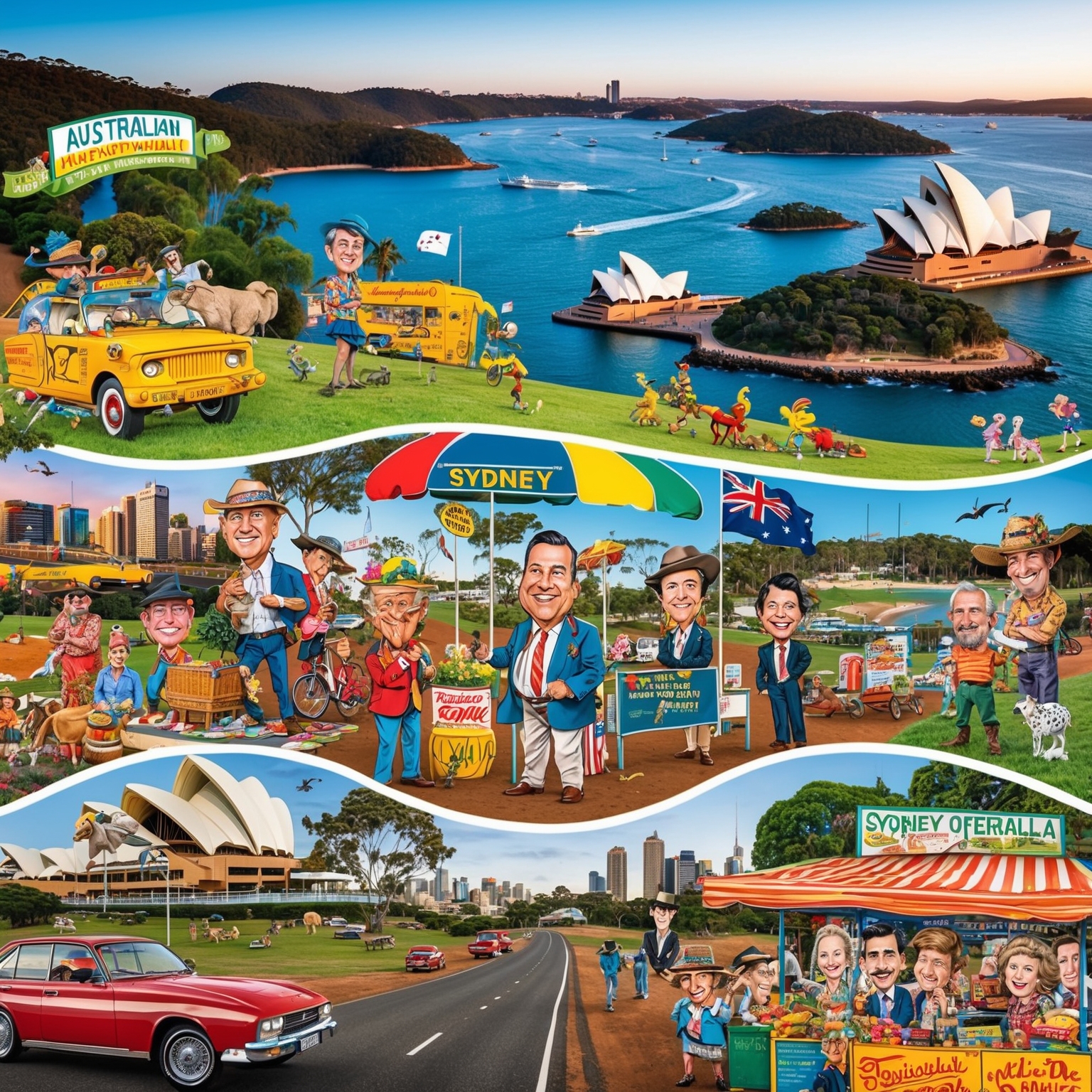 A vibrant and playful visual journey through iconic Australian landscapes, featuring caricatured elements of Australian culture, set in the early 1980s. Scenes might include animated scenarios with everyday Australians, quirky settings, and vivid depictions of landmarks like the Sydney Opera House and a market scene with various characters. The mood is fun, quirky, and reflective of an adventurous road trip across the land down under.