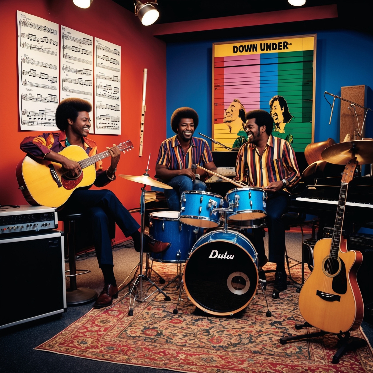 Create an image depicting a musical studio with 1980s ambiance. Include recording instruments like guitars, drums, and a flute. Capture the feeling of creativity, music sheets displayed featuring a reggae rhythm. Reflect Men At Work’s distinct musical style and their song 