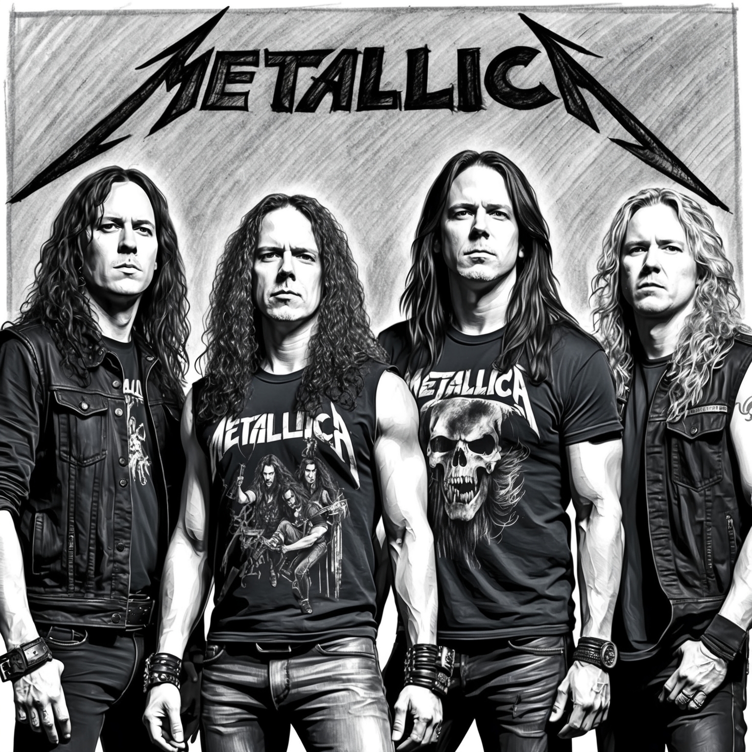 Black and white charcoal portrait of Metallica, capturing the band members with a half-finished, stylistic drawing approach, emphasizing their intense and legendary presence in the music world.