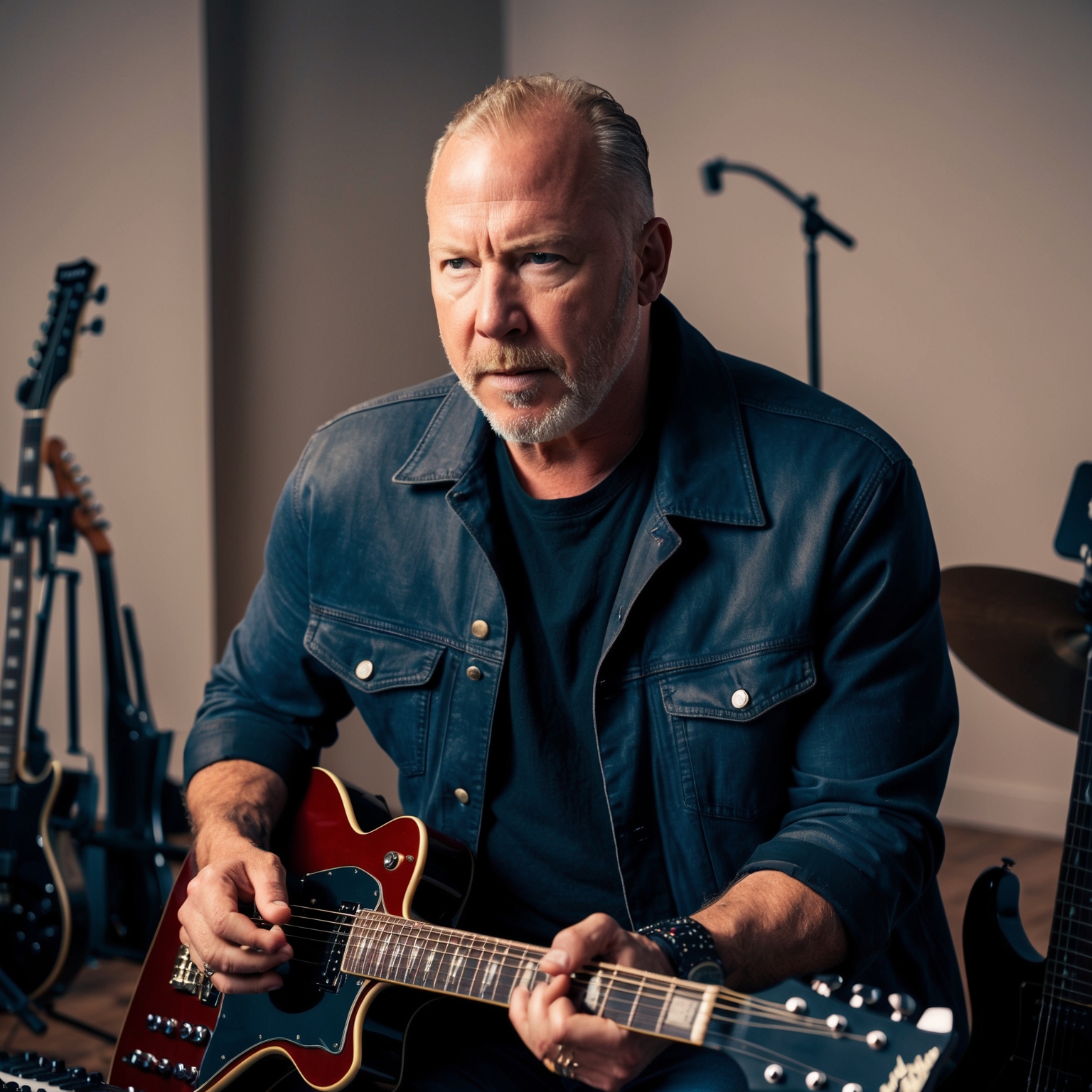 A thoughtful depiction of James Hetfield of Metallica, showcasing him in a studio setting surrounded by guitars. Capture his intense focus and creative energy as he composes music. The setting should convey a blend of intimacy and musical craftsmanship, with soft lighting illuminating the scene.