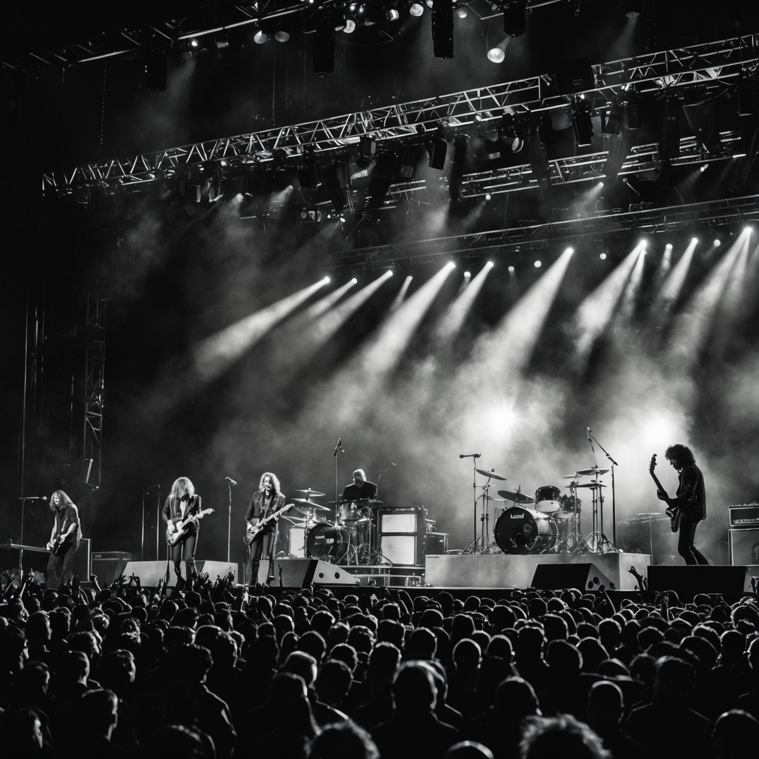 An iconic scene with a live performance of a rock band under dramatic stage lights, capturing the essence of a legendary rock song. The atmosphere is electric with a large crowd mesmerized by the music, symbolizing the timeless appeal of the song. The scene is imbued with an emotional intensity, echoing the universal themes of the music.