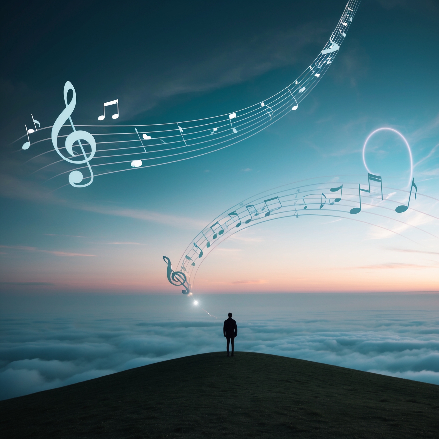 A serene, introspective scene with a lone figure on a hill, overlooking a vast horizon symbolizing introspection and personal journey. The sky is a blend of twilight hues, portraying calmness and contemplation, with subtle musical notes floating around symbolizing connection and harmony. There is an ethereal glow highlighting a sense of emotional depth and tranquility.