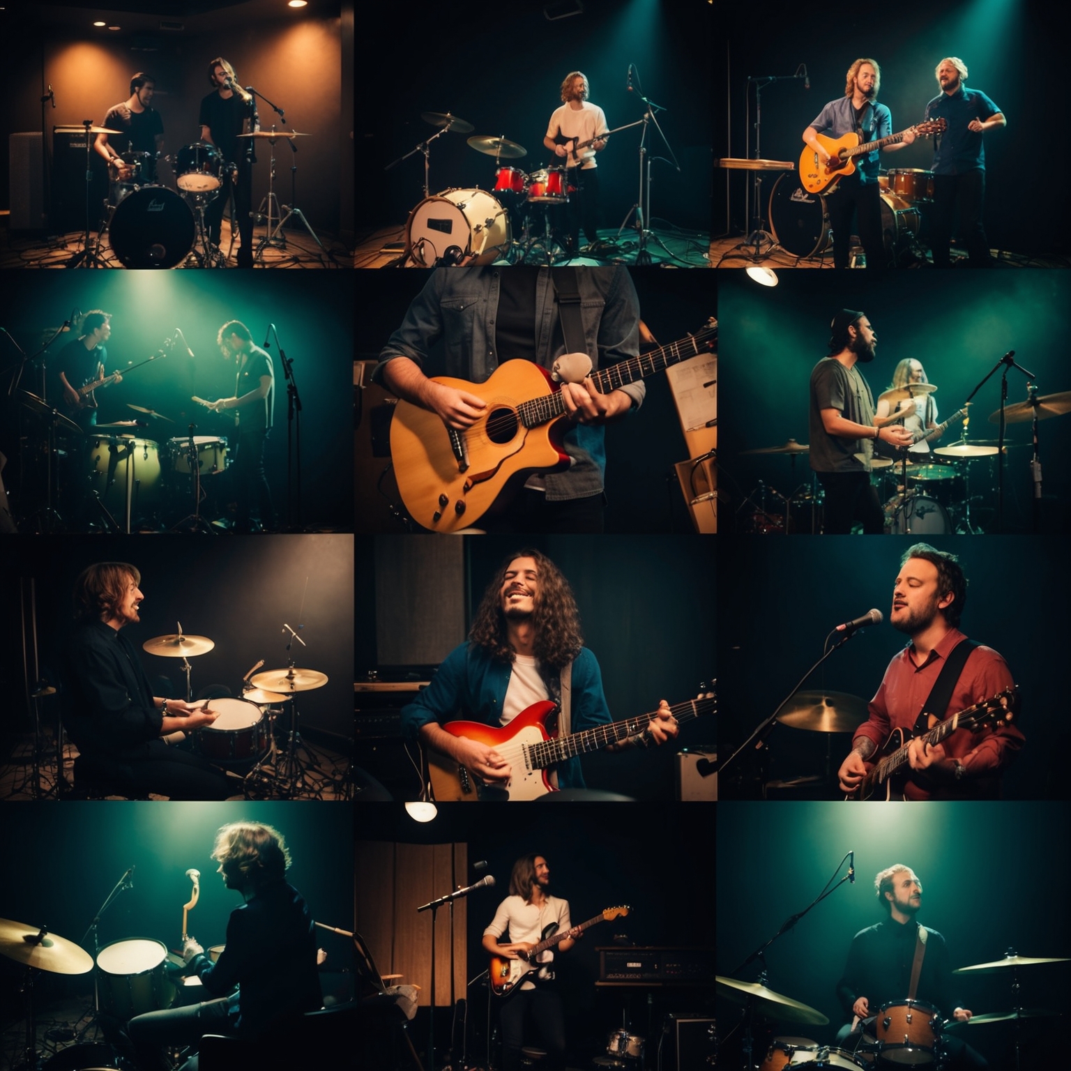 A dynamic and emotional collage of band members recording in a studio, showcasing instruments, candid interactions, and raw energy; set in a dimly lit, atmospheric environment.