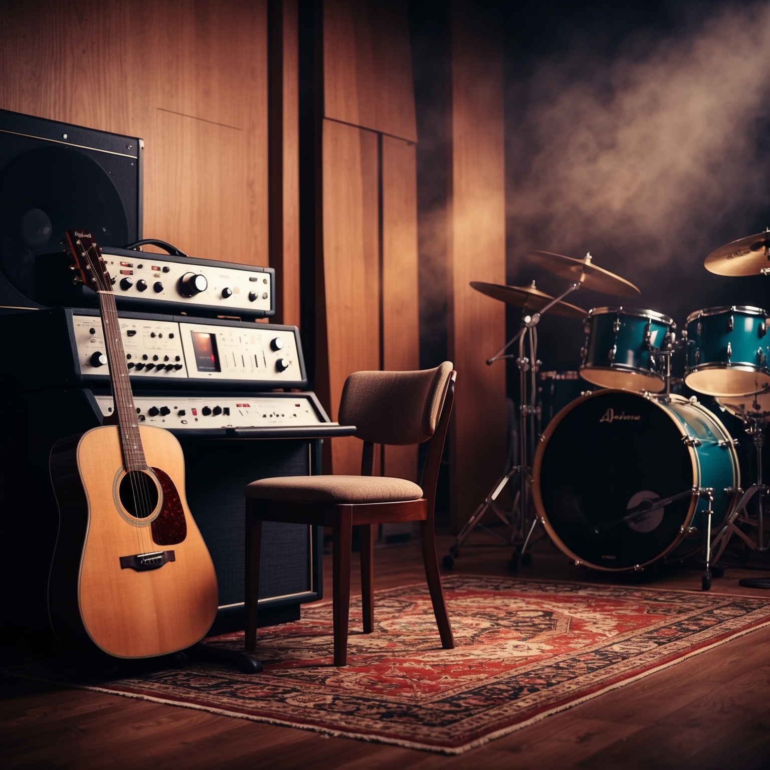 An artistic depiction of a music studio with vintage recording equipment. Includes an acoustic guitar leaning against a chair, a drum set visible in the background, and a moody, ambient lighting atmosphere to suggest creativity and musical inspiration.