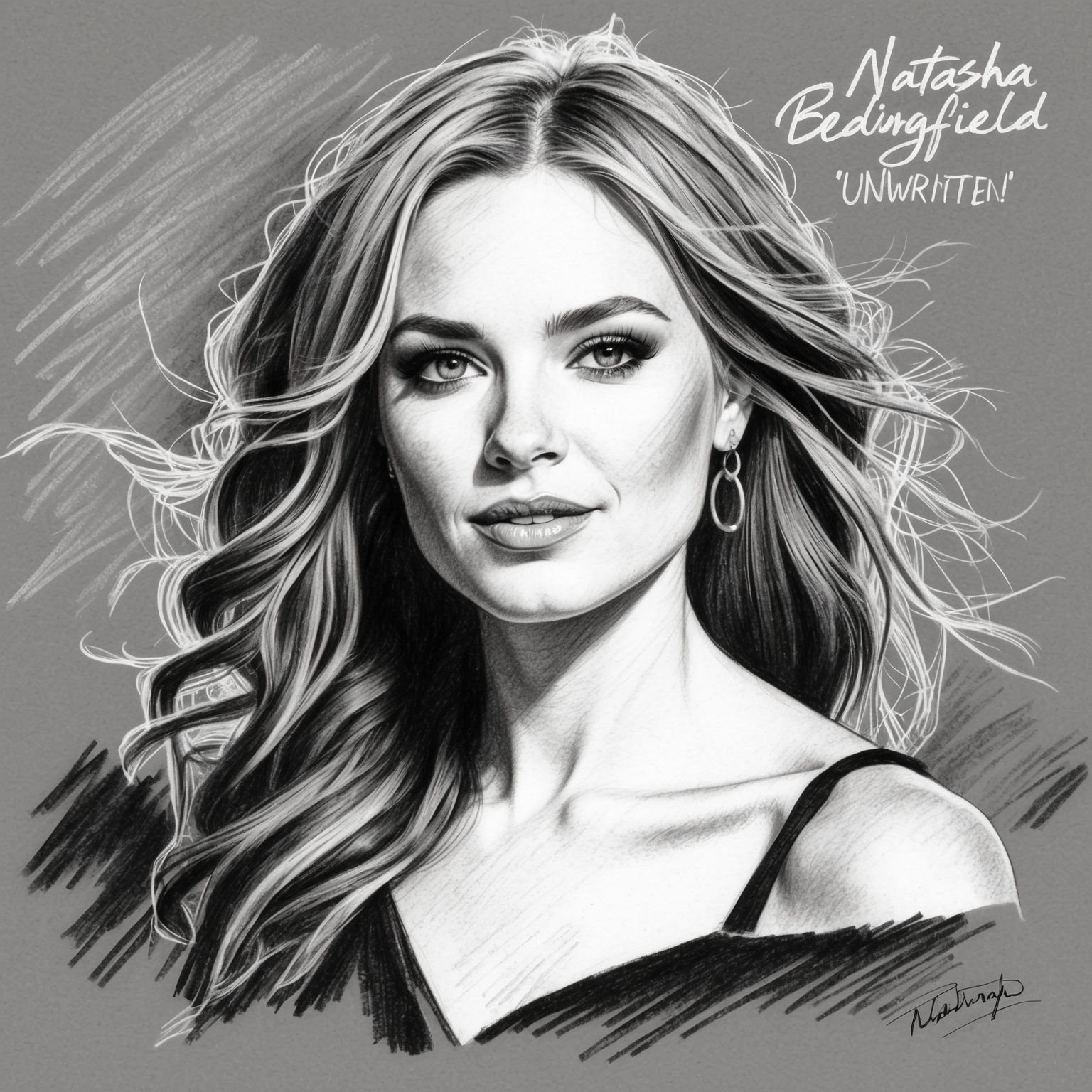 Create a charcoal, stylistic drawing of Natasha Bedingfield, focusing on a black and white portrait with a half-finished feel, capturing her essence during the era around the release of 