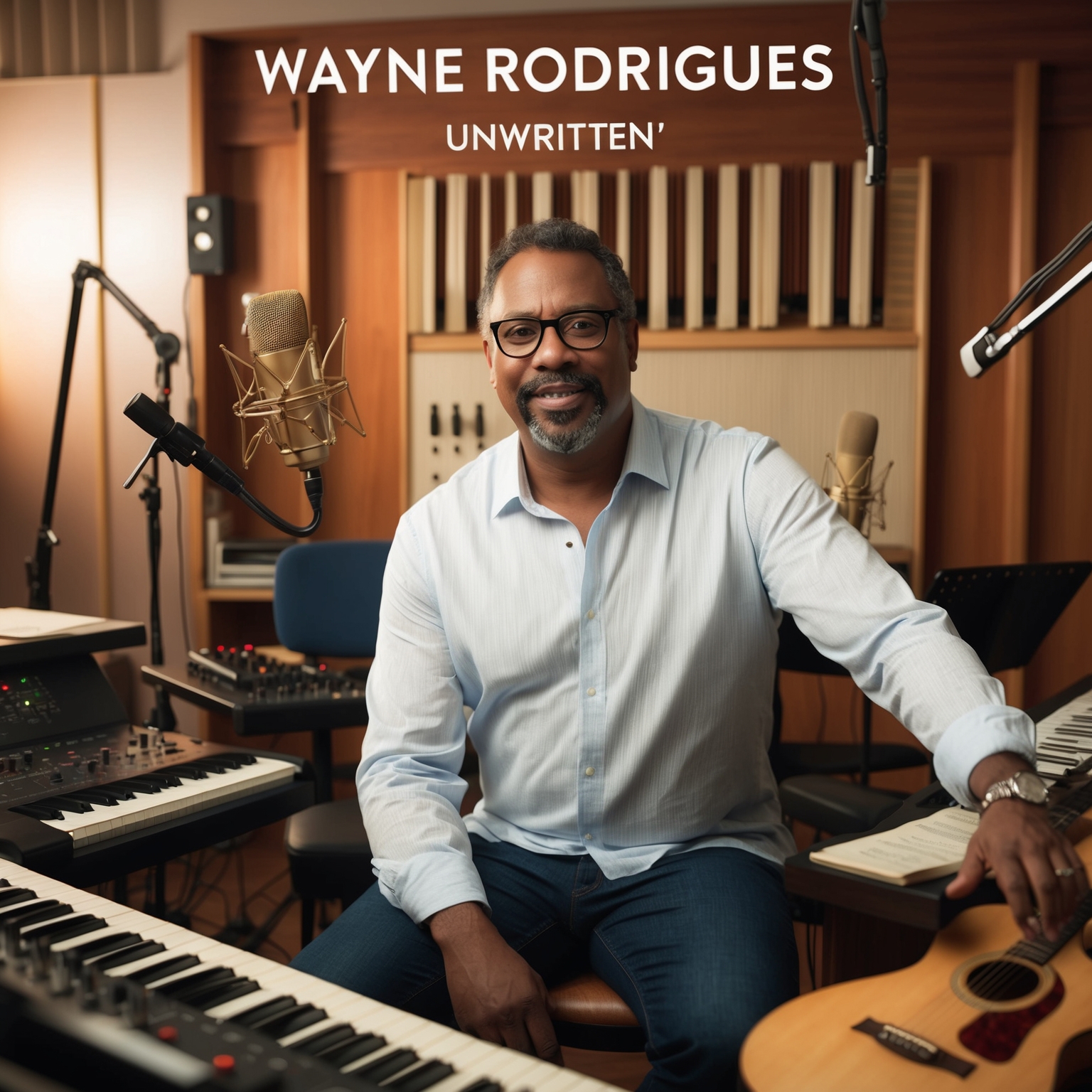 Portrait depiction of composer Wayne Rodrigues in a recording studio, surrounded by musical instruments and sheet music. A scene capturing creativity and musical genius, evoking the pop and soul fusion present in 