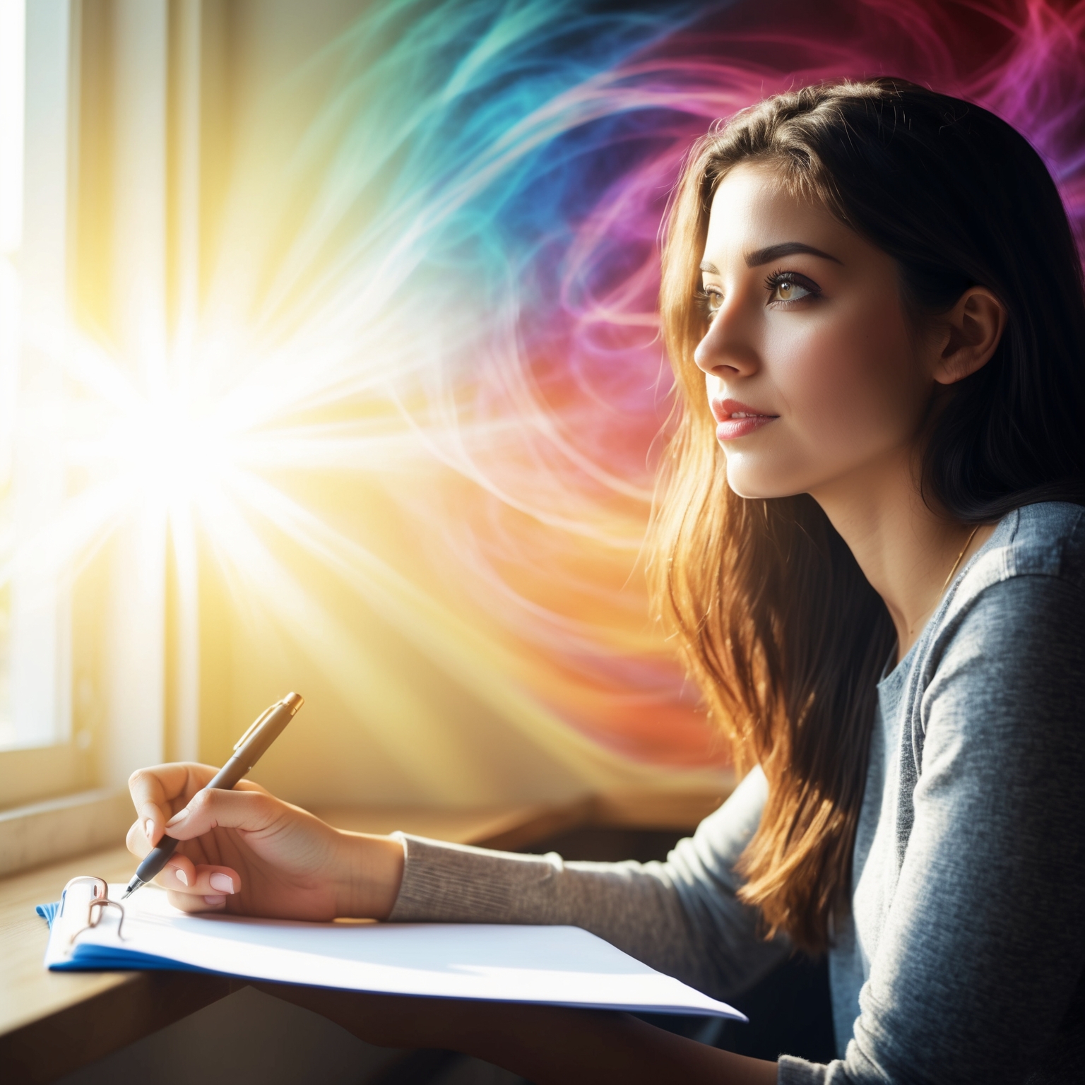 A young, introspective woman holding a pen, gazing at a blank page with a thoughtful expression. Sunlight streams through a window, illuminating her, symbolizing potential and new beginnings. The background is filled with abstract, swirling colors representing creativity and inspiration. Her expression is a mix of contemplation and hope, embodying the essence of 