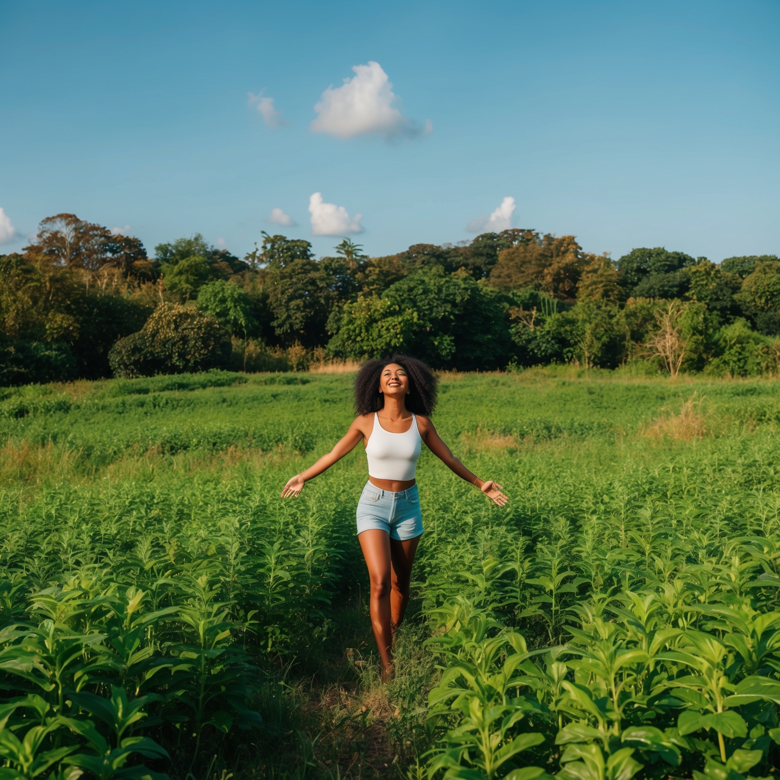 Visualize a vibrant, open field with lush greenery and a clear blue sky. There