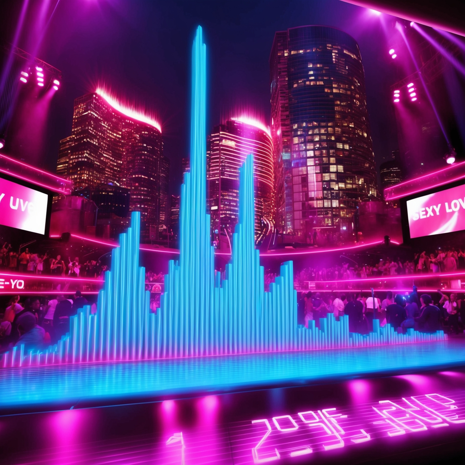 A 2006-era bustling music scene with vibrant sound waves symbolizing chart-topping hits, featuring a digital soundwave graph rising upwards to capture the success of Ne-Yo