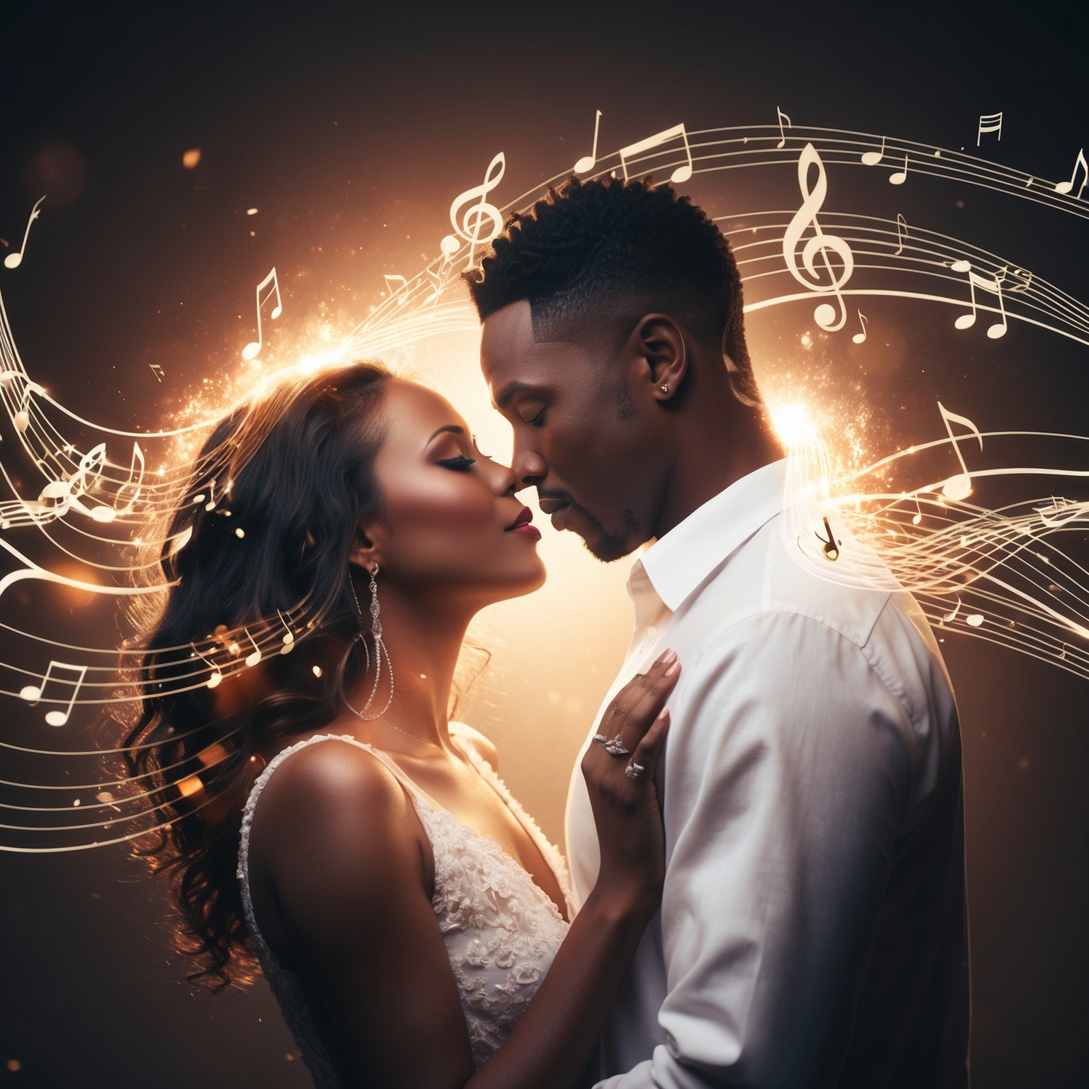 A soulful depiction of a romantic couple surrounded by a soft glow, with abstract waves of music and emotion emanating from them, capturing the lyrical essence of Ne-Yo