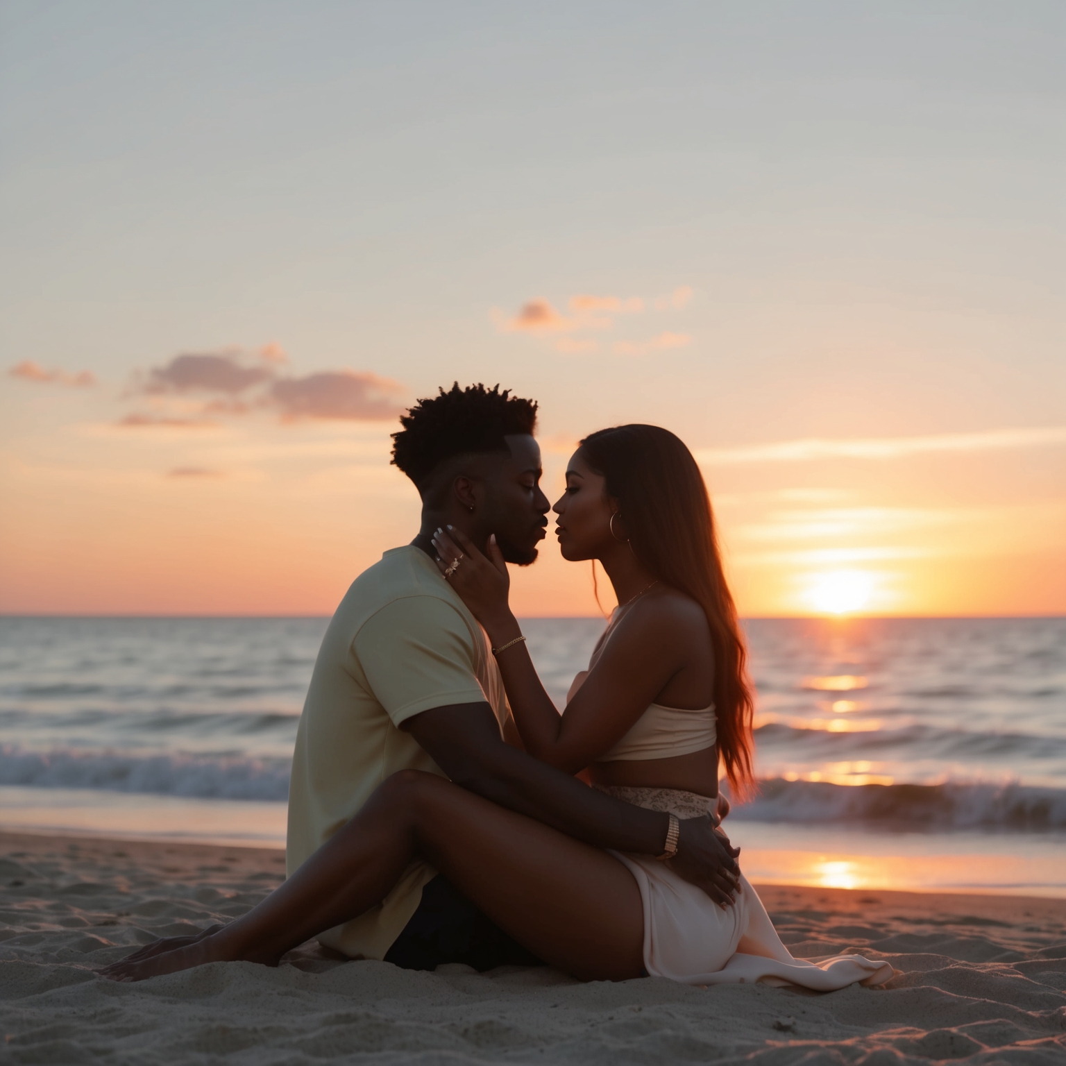 A music video scene depicting a romantic beach setting at sunset with a couple in love, soft lighting, warm color tones, and a 2000s R&B aesthetic.