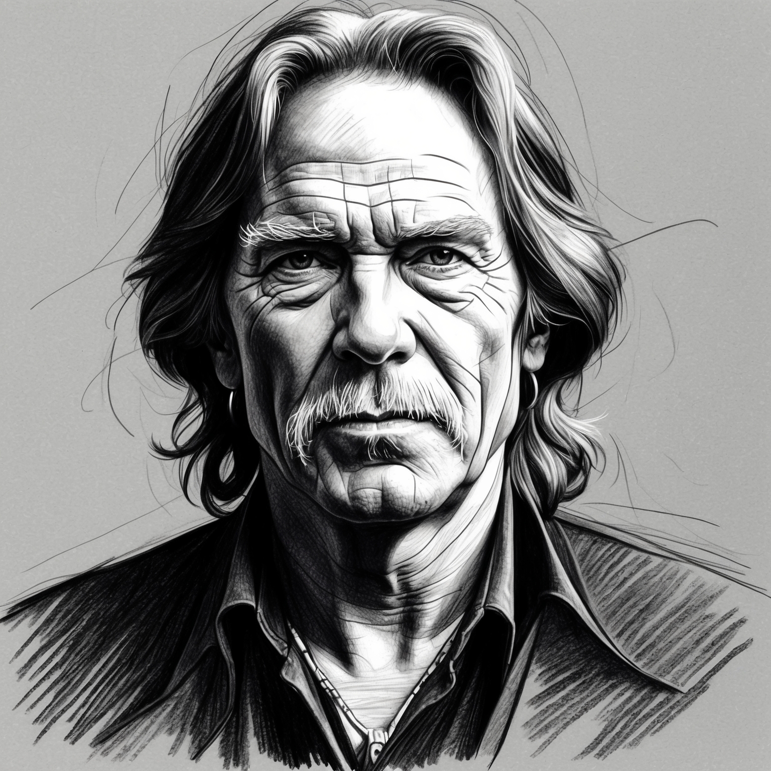 A black and white charcoal portrait of Neil Young, with a half-finished stylistic drawing feel, capturing his essence as a timeless musician and iconic figure in the music industry.