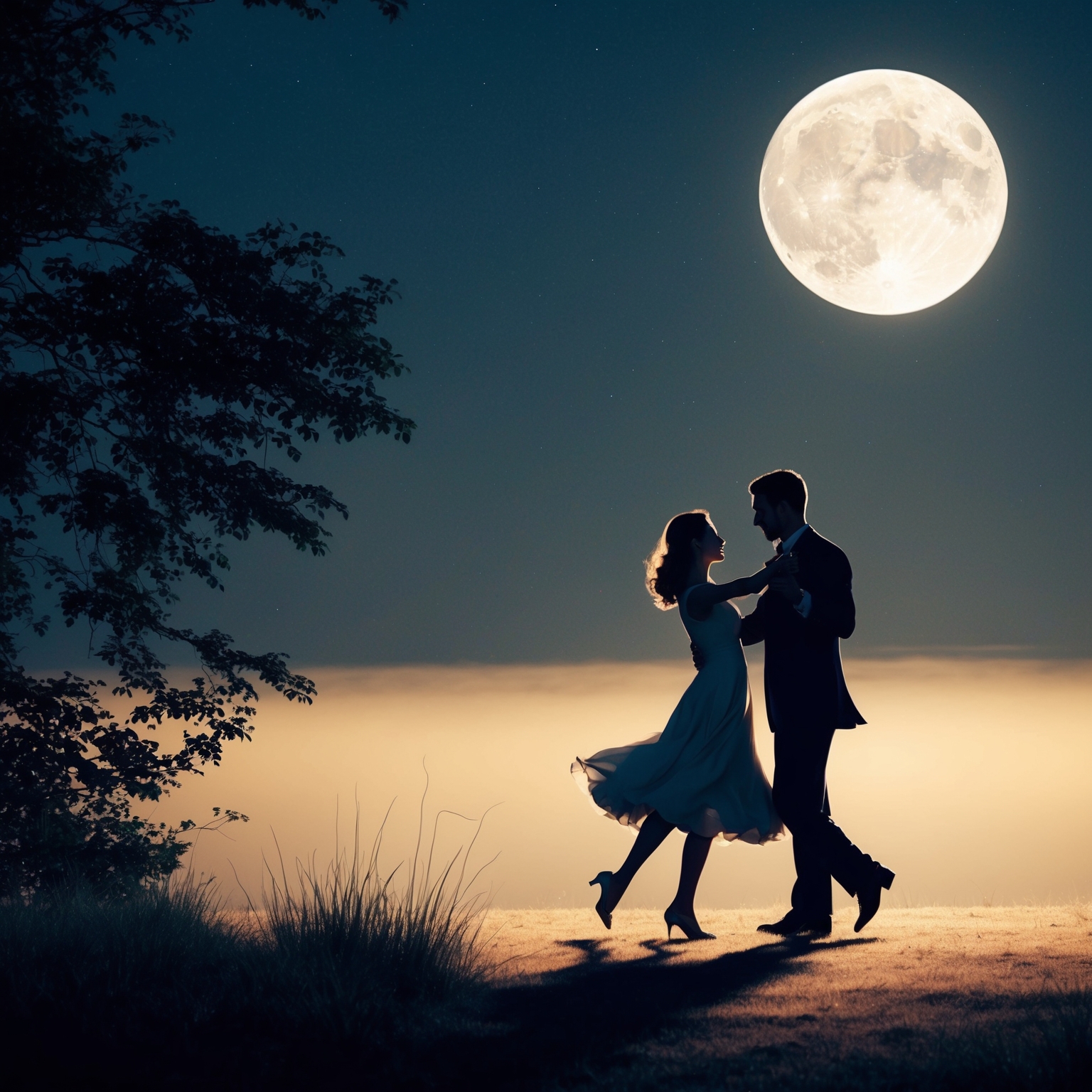 An illustration capturing a serene night scene with a couple dancing under a full moon. The setting is tranquil with a gentle glow, evoking warmth and tender romanticism. Consider conveying a sense of intimacy and nostalgia through subtle details like shadows and reflections of moonlight on a peaceful landscape.