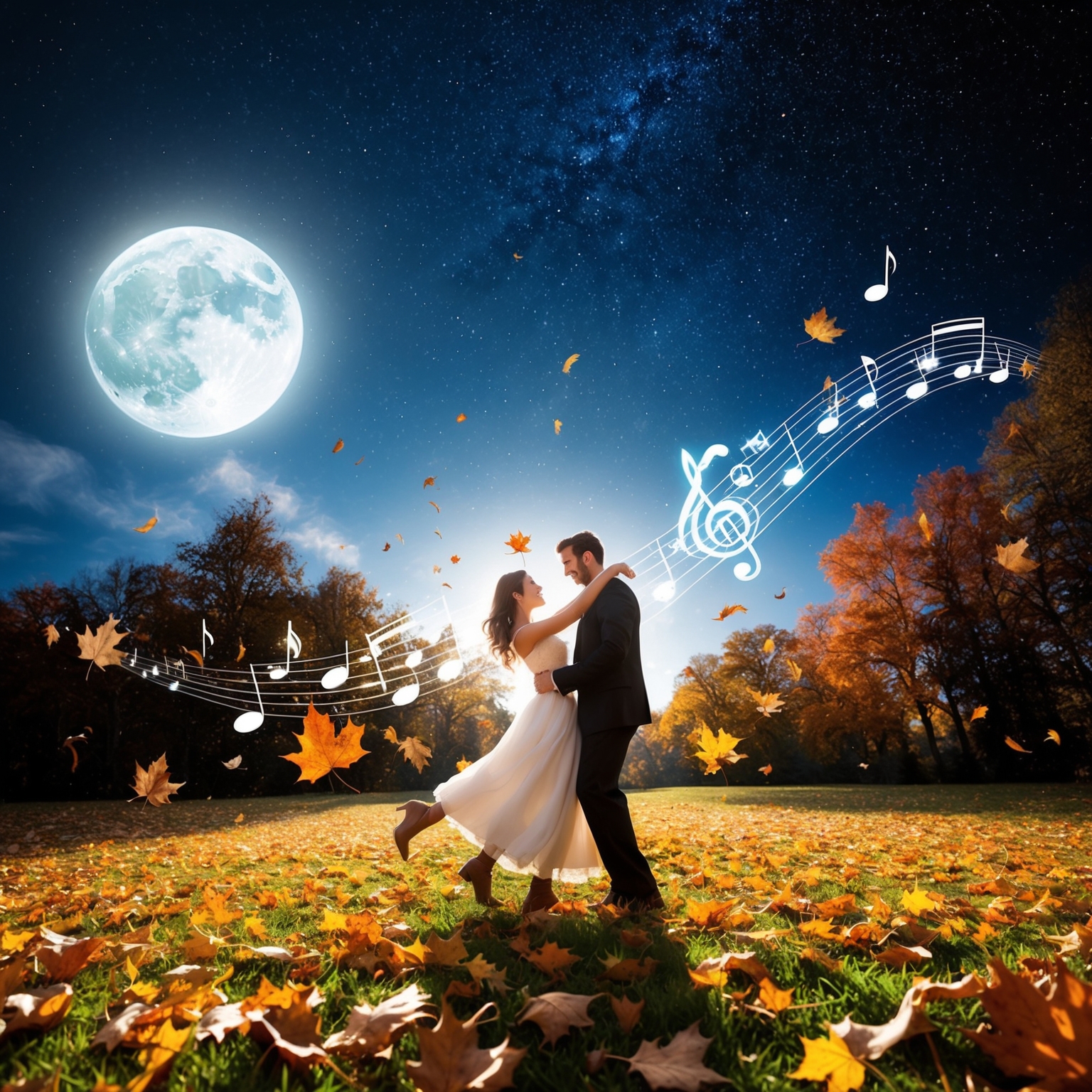 A serene autumn scene under a full moon, featuring a couple dancing amidst falling leaves under a vast starry sky, with acoustic musical elements in the background. Emphasize a nostalgic and romantic atmosphere.