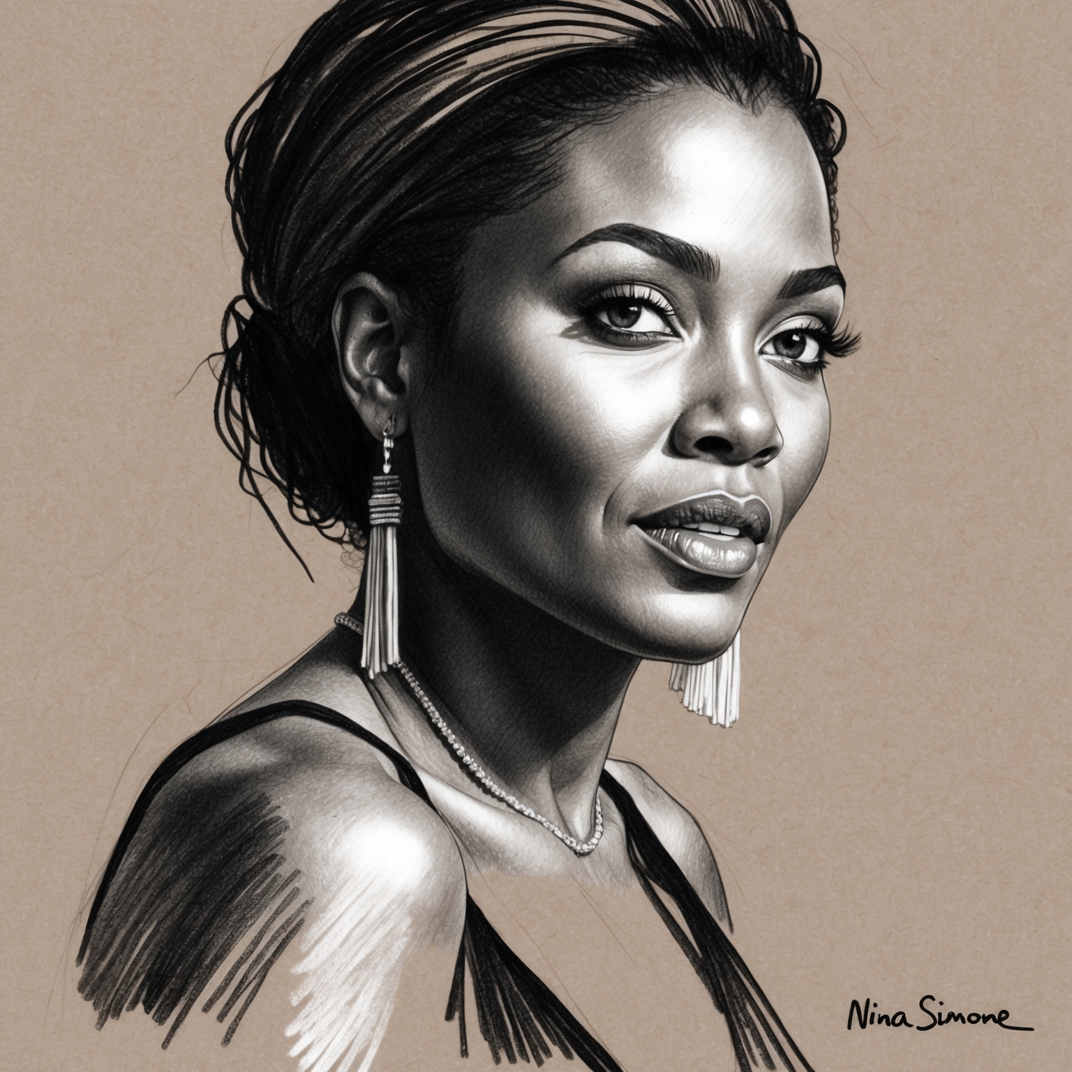 Create a black and white charcoal, stylistic drawing of Nina Simone with a half finished feel. Emphasize her enigmatic and timeless appeal, capturing her expressive eyes and commanding presence.