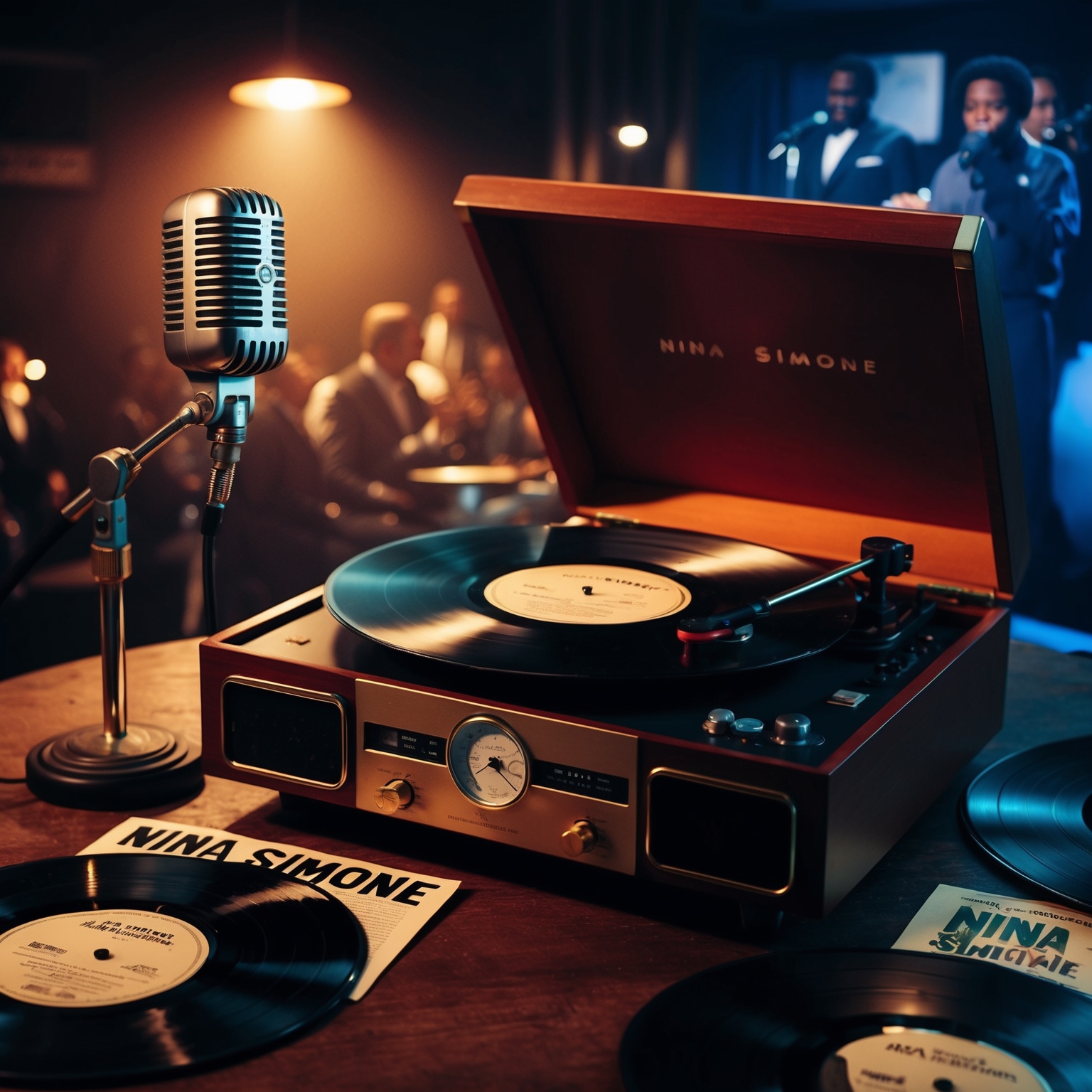 Create an image depicting a vintage, soulful atmosphere evoking the essence of jazz and blues. Include elements like a classic stage with a microphone, a record player with vinyls of Nina Simone and other artists who covered the song, dimly lit with a warm, incandescent glow. In the background, hint at scenes from iconic films and TV shows where the song was featured, subtly blending with the musical theme.