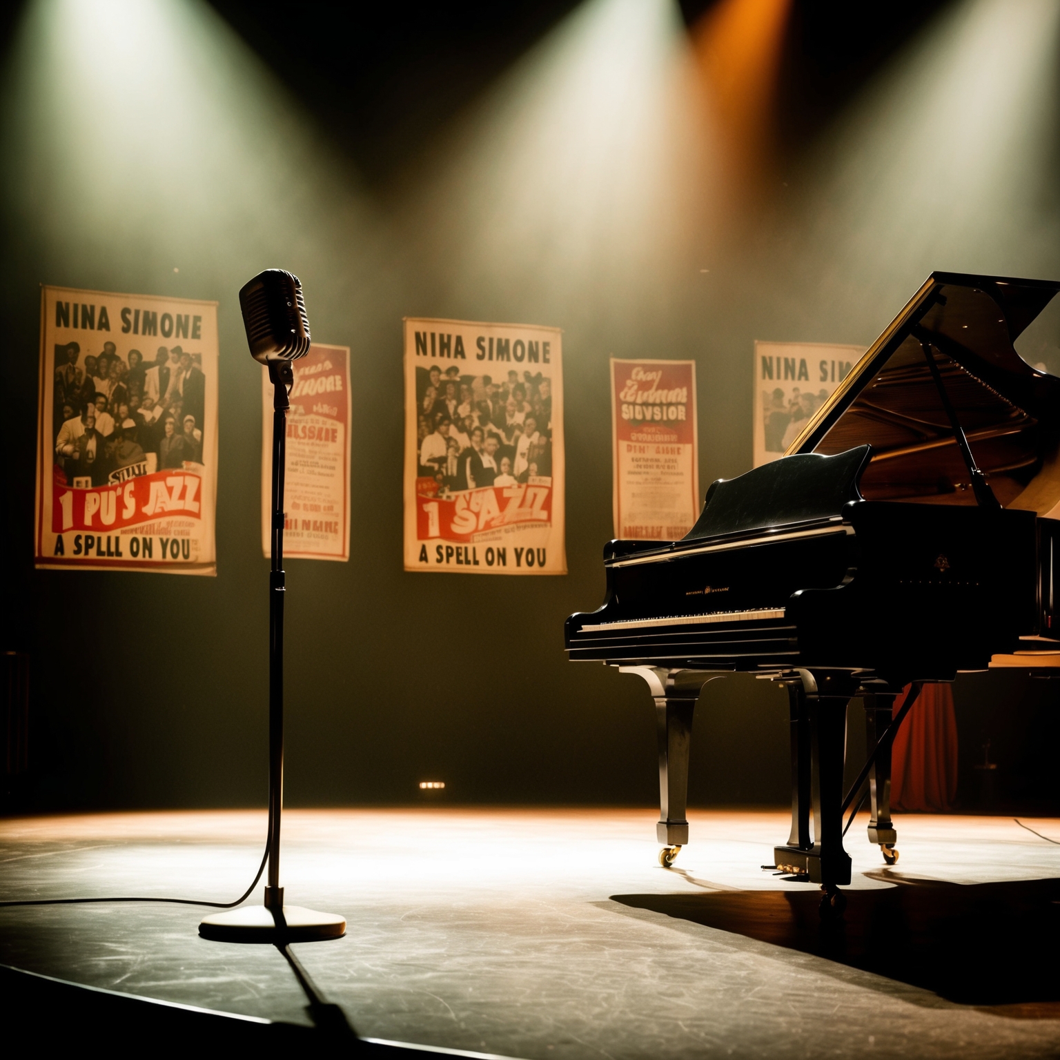 An iconic 1960s stage, dimly lit, creating an intimate atmosphere. A vintage microphone stands in the spotlight. On stage, a grand piano adds a sense of timelessness. Vintage concert posters in the background hint at the era, filled with jazz and soul motifs. The scene evokes the profound impact of Nina Simone