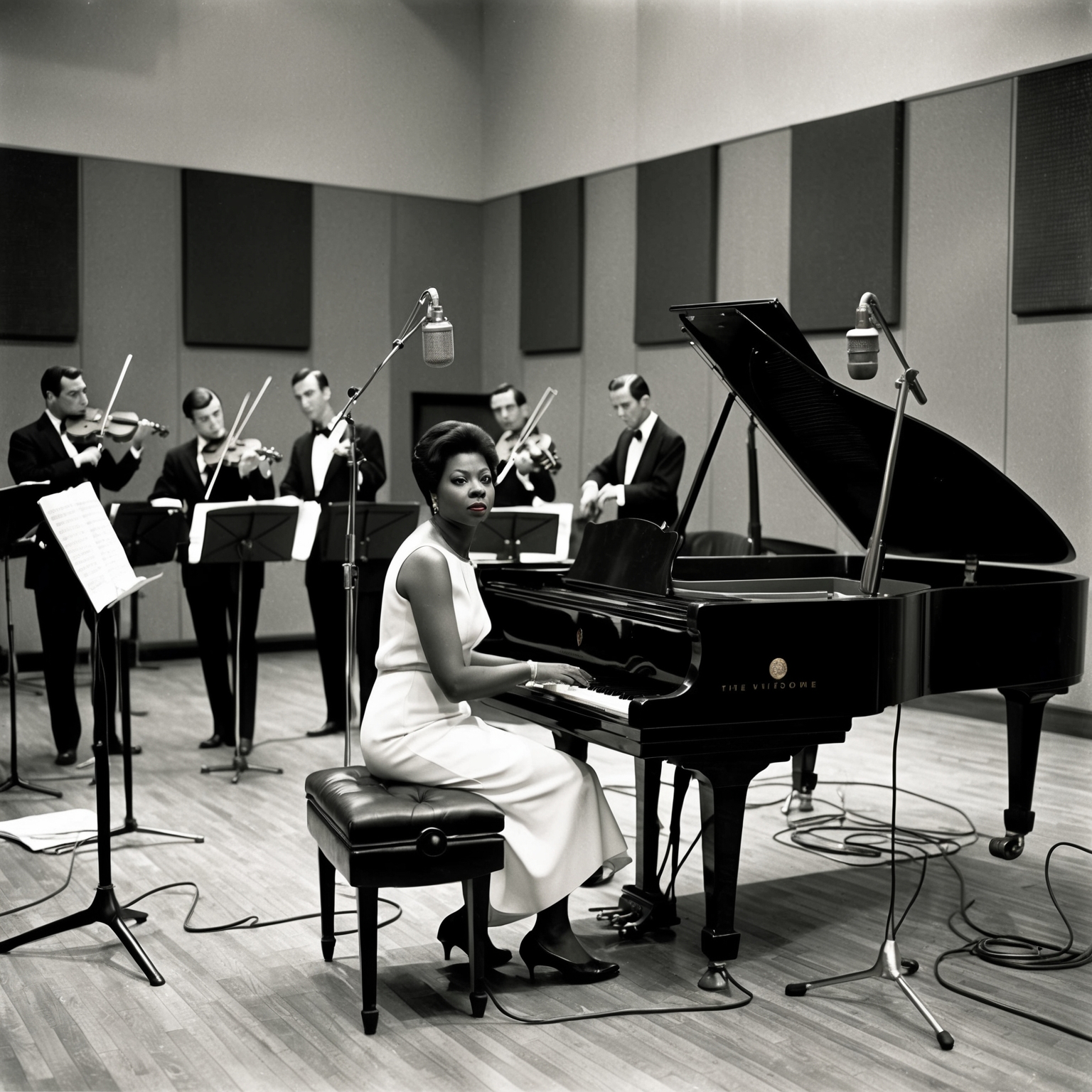 An image depicting a classic recording studio scene from the 1960s, featuring Nina Simone at a grand piano with an intently focused expression. The room is equipped with 1960s-era microphones, sheet music scattered around, and a string quartet setting up in the background. The walls are lined with acoustic treatment panels, typical of the RCA Victor Studio, capturing the vintage vibe of a pivotal recording session.