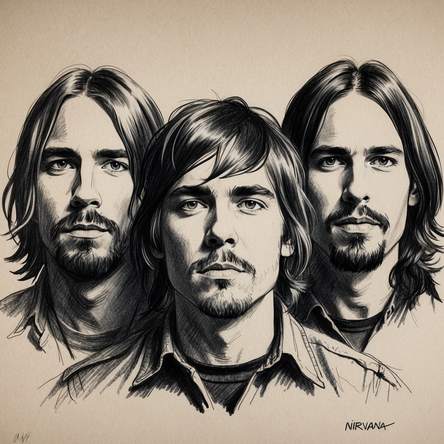 A black and white charcoal, stylistic portrait of the band Nirvana, capturing the likeness of Kurt Cobain, Krist Novoselic, and Dave Grohl. The portrait should have a half-finished feel, exuding the raw energy and creativity of the band in their early days.