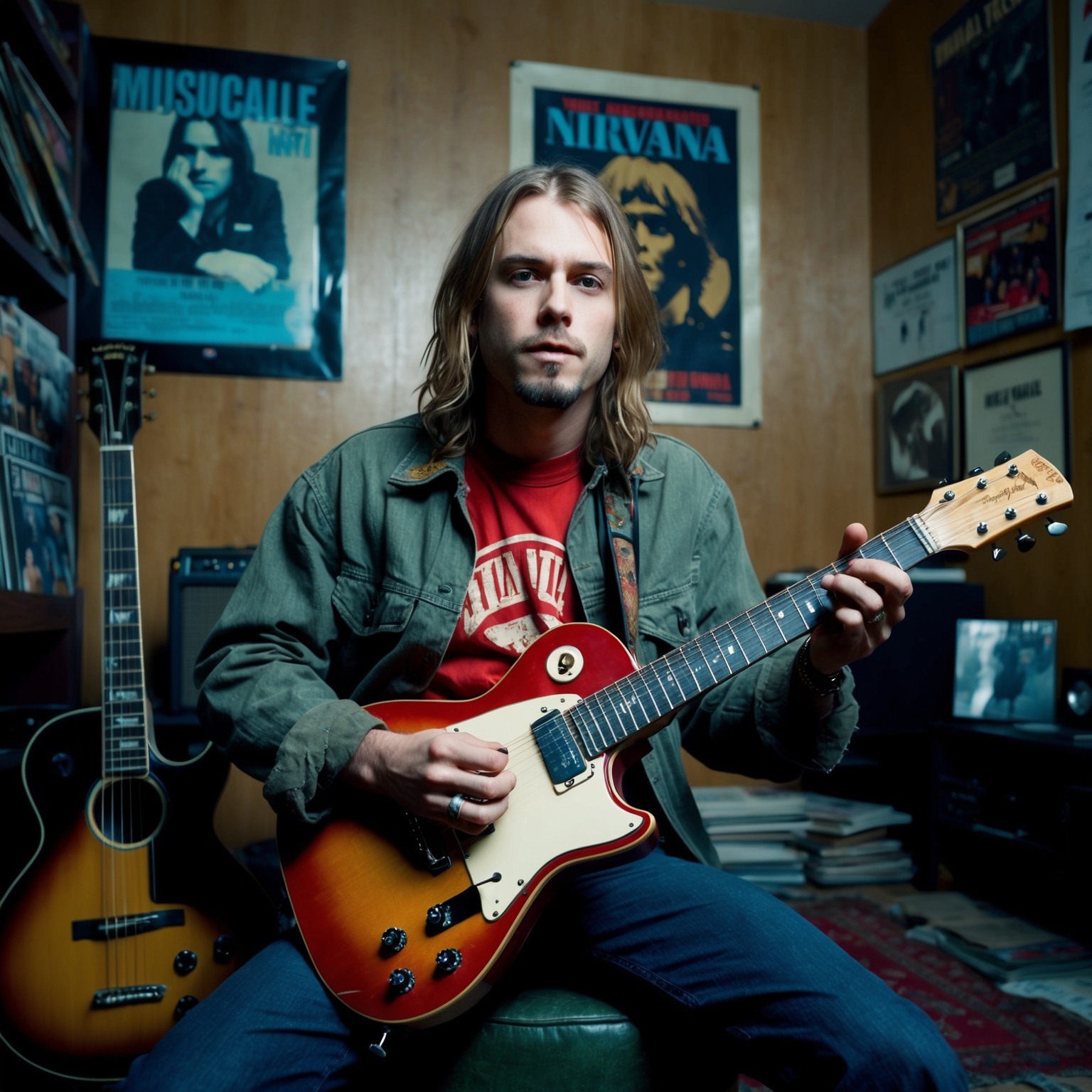 Create an image of Kurt Cobain, the lead vocalist and guitarist of Nirvana, in a 1990s grunge style setting. Include elements such as a guitar, vintage 90s attire, and a dimly lit room filled with musical posters and records. The mood should reflect the raw and sincere essence of his music.