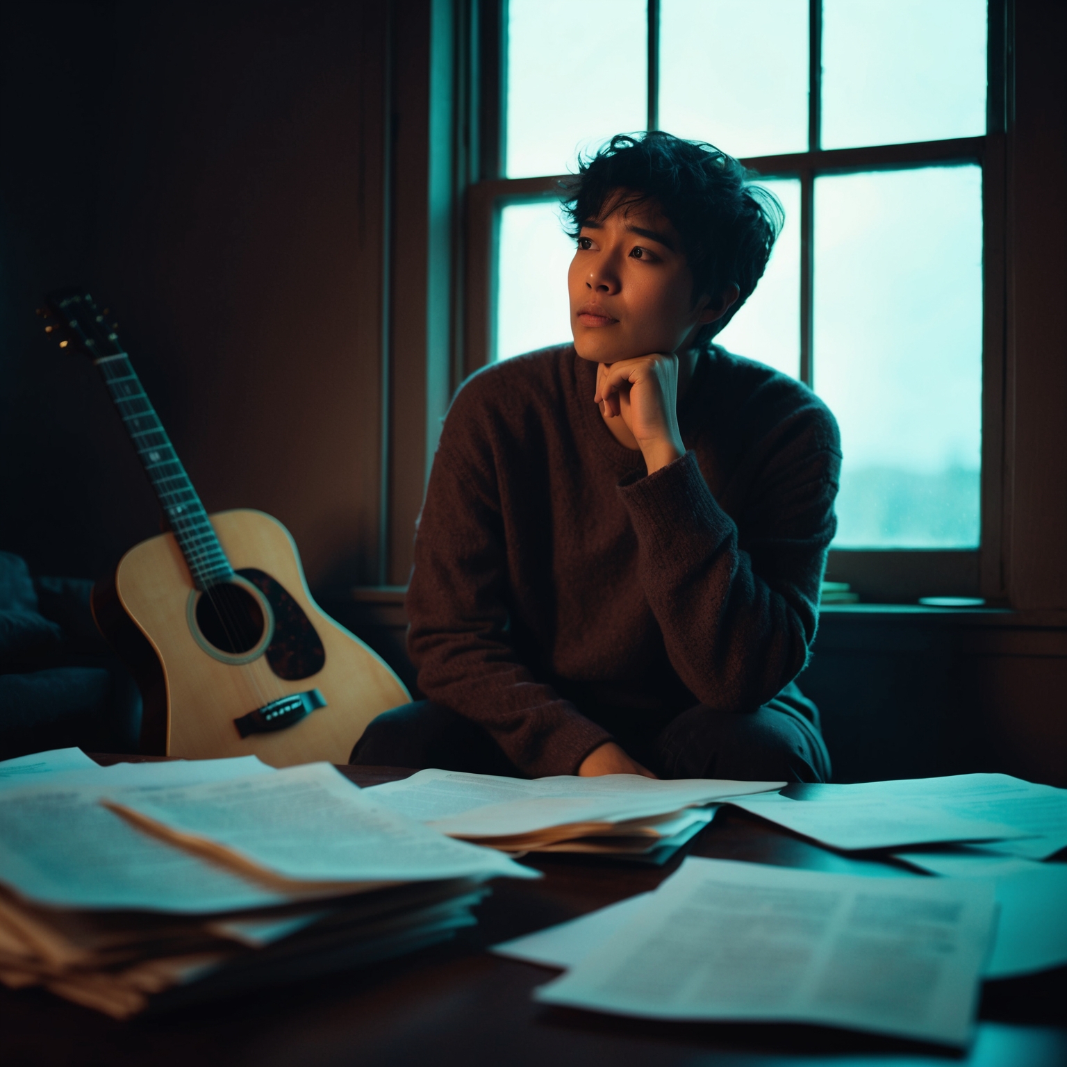 A close-up, emotive image of a person sitting in a dimly-lit room, surrounded by scattered papers and a guitar. The subject is deep in thought, gazing out of a window with a look of yearning. The mood is introspective and captures the essence of searching for understanding and connection, reflecting the themes of the song 