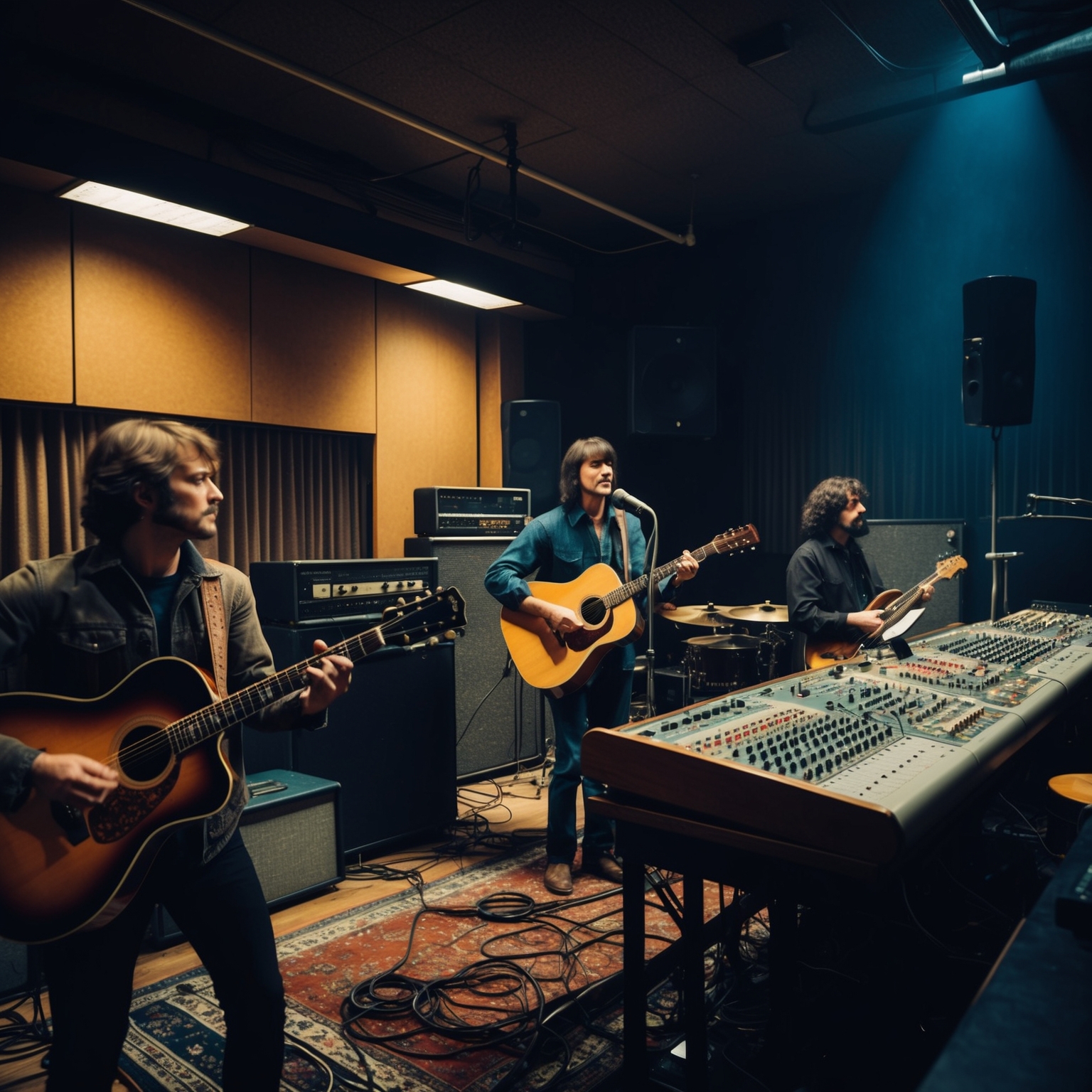 A vintage photo of a 1980s Seattle recording studio with acoustic guitars, mixing consoles, and a band performing. The room is dimly lit with a grunge aesthetic.