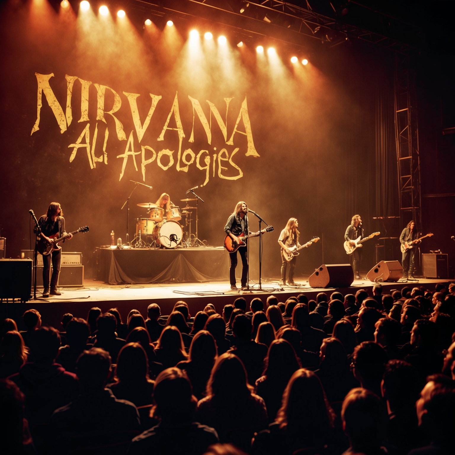 A vintage grunge-style image depicting a live stage where Nirvana could be imagined performing 