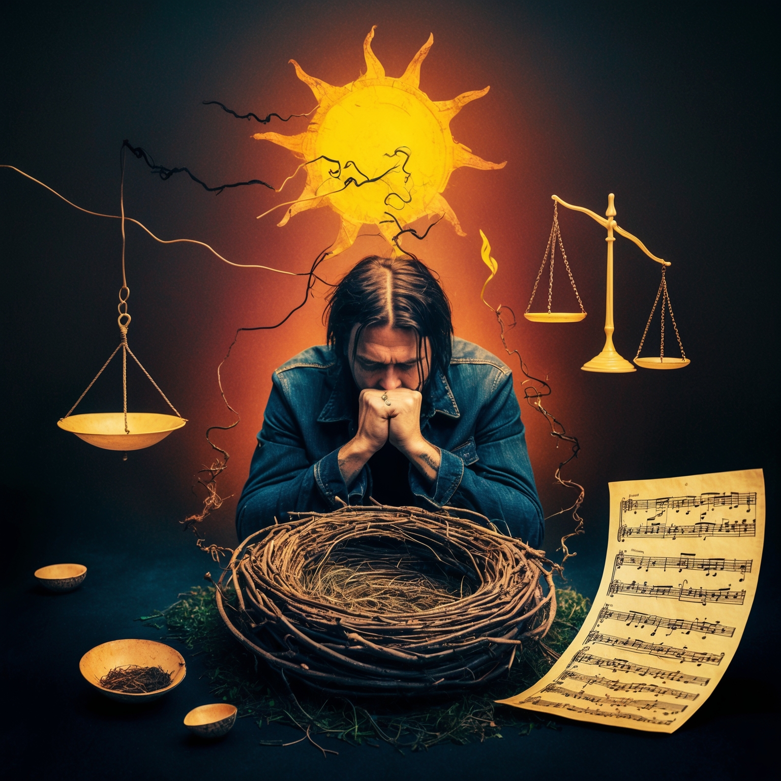 A somber, abstract depiction of a grunge musician immersed in thought, surrounded by metaphorical representations like a sun casting contrasting shadows, and symbolic elements such as an empty nest, a balancing scale signifying duality, and sheet music fluttering in the wind, creating a sense of introspection and conflicting emotions, in a vivid color palette echoing the raw ethos of 1990s grunge culture.