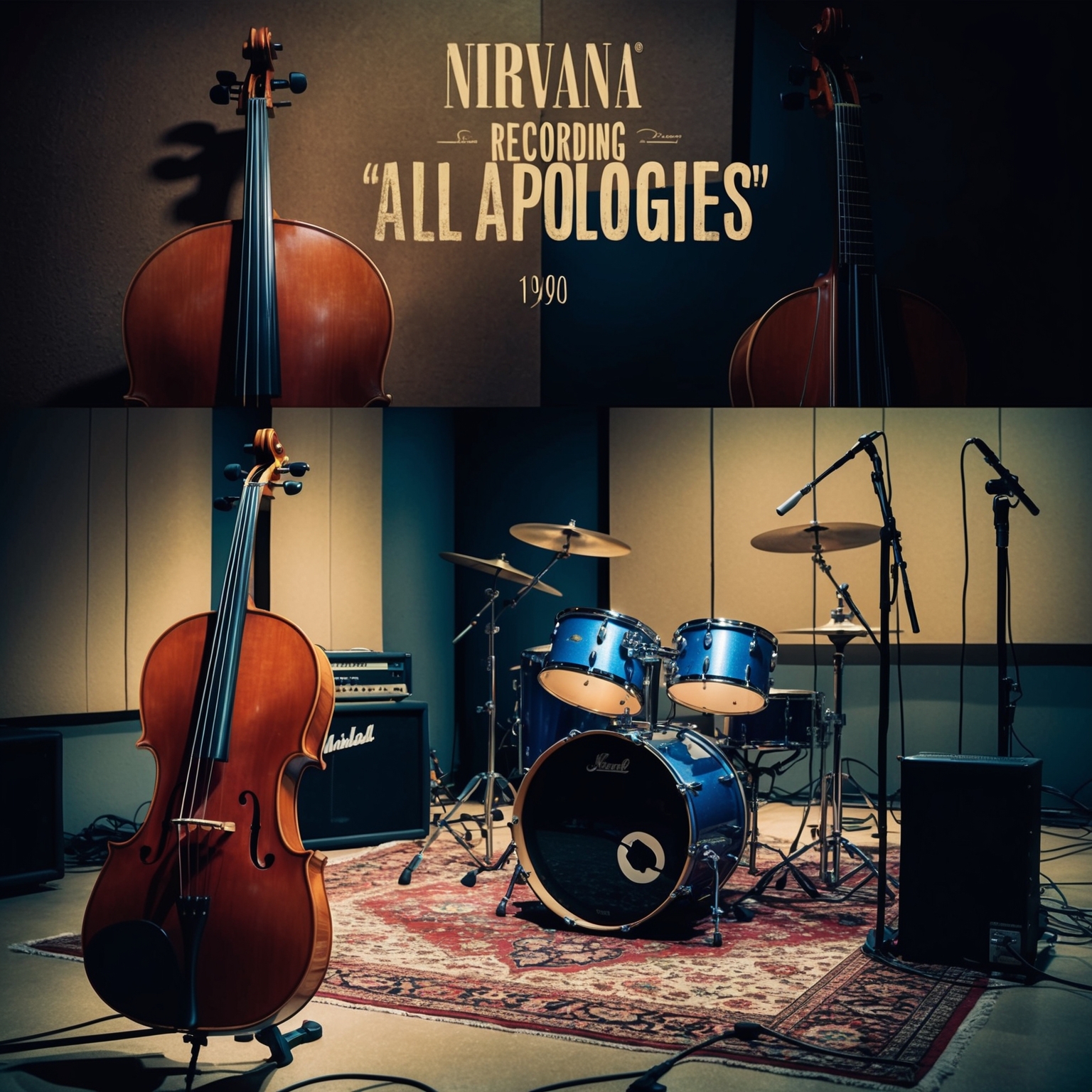 Generate an artistic representation of a Nirvana recording session from the 1990s, featuring a mix of grunge aesthetic with acoustic elements. Display close-ups of a cello, an electric guitar, a drum set, and sound equipment in a studio setting. Invoke a reflective atmosphere that captures the essence of 