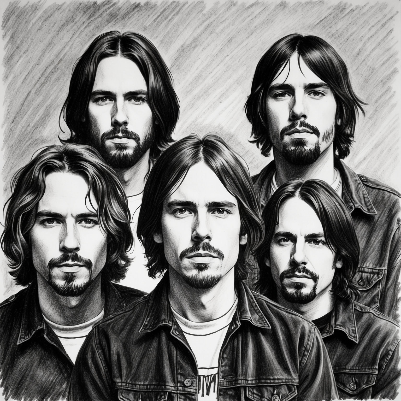 A black and white charcoal portrait of the band Nirvana, capturing a raw and half-finished aesthetic. Focus on a stylistic depiction of Kurt Cobain, Krist Novoselic, and Dave Grohl during the early 1990s, embodying the essence of grunge music.