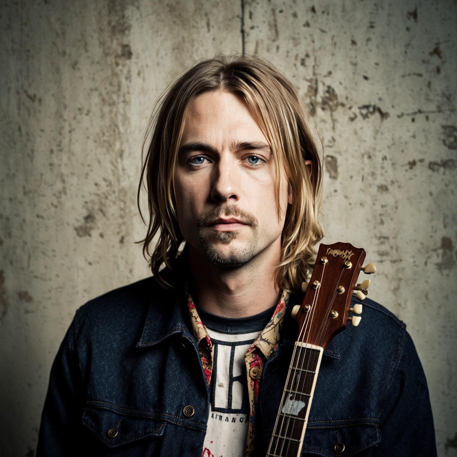 A portrait of Kurt Cobain in a grunge-inspired setting, capturing the essence of 90s rock culture. Include elements like a guitar and references to punk rock influences to highlight his role as a composer.