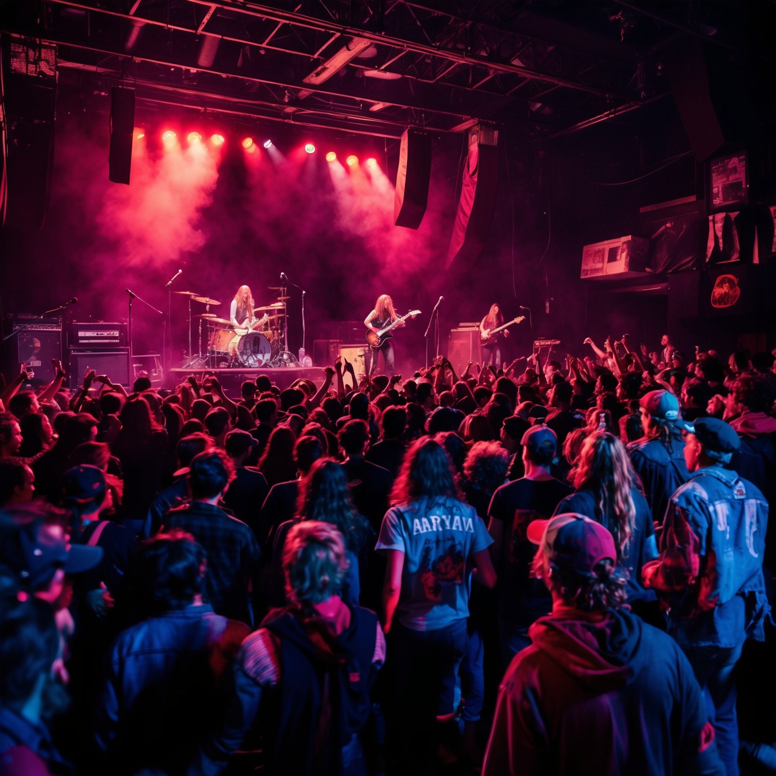 A depiction of a grunge music concert scene from the early 1990s, capturing the raw energy and rebellious spirit. Include energetic crowds and a band on stage in a dimly lit setting with 