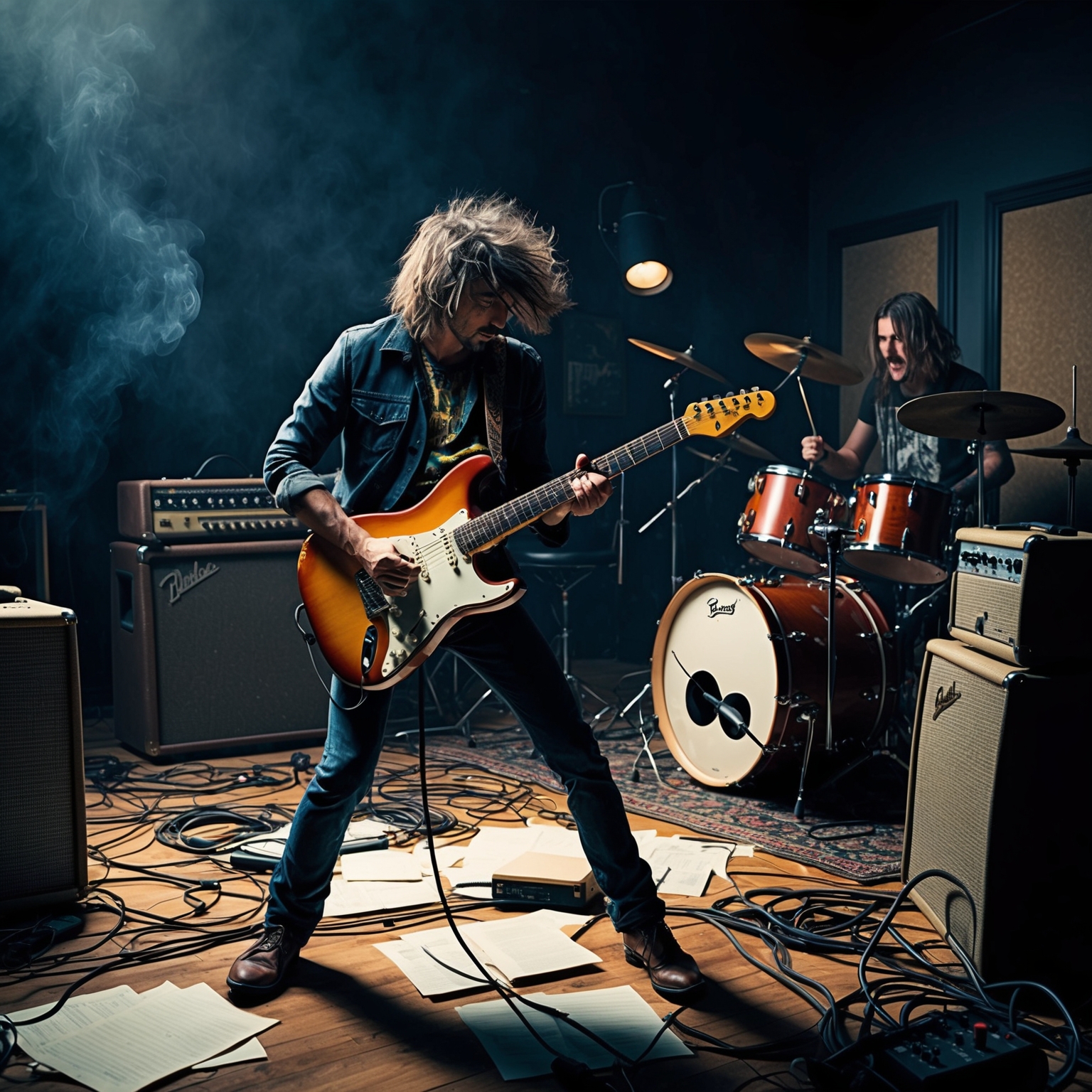 Imagine an intricate illustration capturing the essence of a grunge band recording session in a dimly lit studio. A lead guitarist with untamed hair plays a Fender Stratocaster, surrounded by vintage amplifiers and a drum set. The aura is distinctly grunge, characterized by contrast and rebellion, with subtle shadows and smoke. The studio space is cluttered yet artistically inspiring, with notes scattered across the floor and recording equipment buzzing with energy.