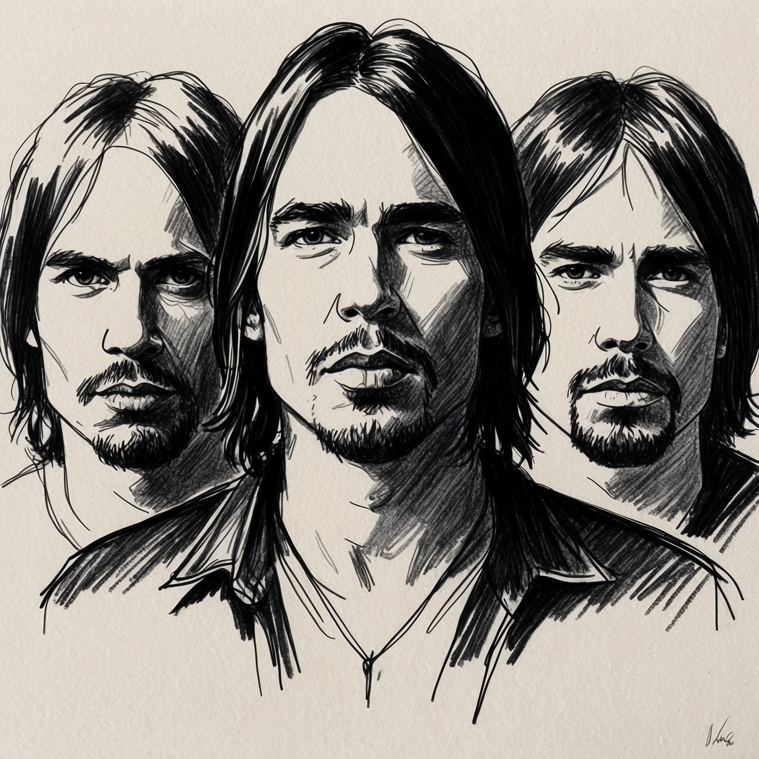 A black and white charcoal drawing of Nirvana in a stylistic, half-finished portrait, emphasizing the raw and iconic nature of the band.