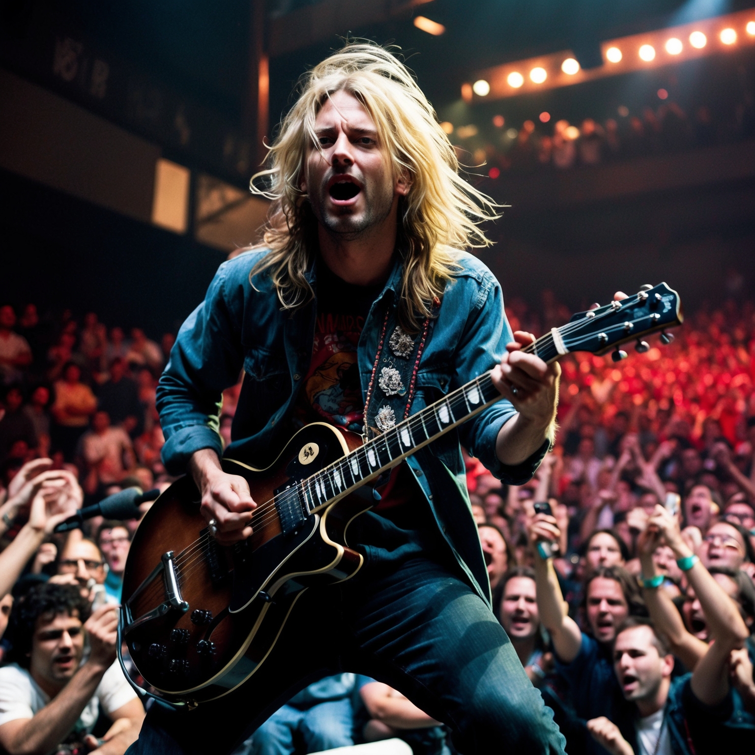 A dynamic portrait of Kurt Cobain in the midst of a passionate guitar performance on stage, capturing the energy and emotion of a 1990s grunge concert setting, with a backdrop of a packed, energized crowd in an intimate venue. The image should reflect his iconic messy blonde hair and casual, grunge style clothing. Cover the essence of Cobain