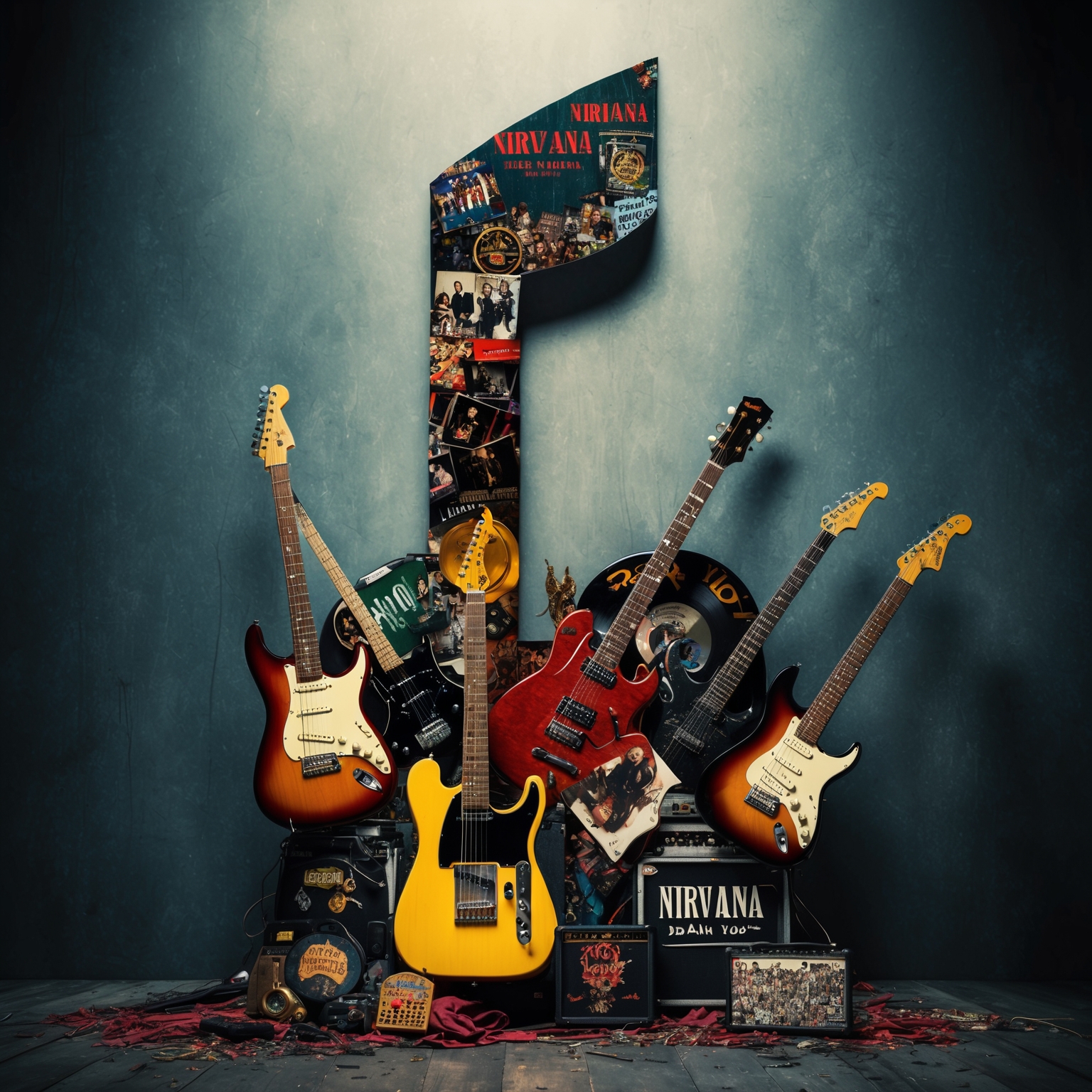 Grunge rock legacy celebrated, a timeless music note symbol draped with iconic 90s elements, guitars, and band memorabilia, depicting the influential journey of Nirvana