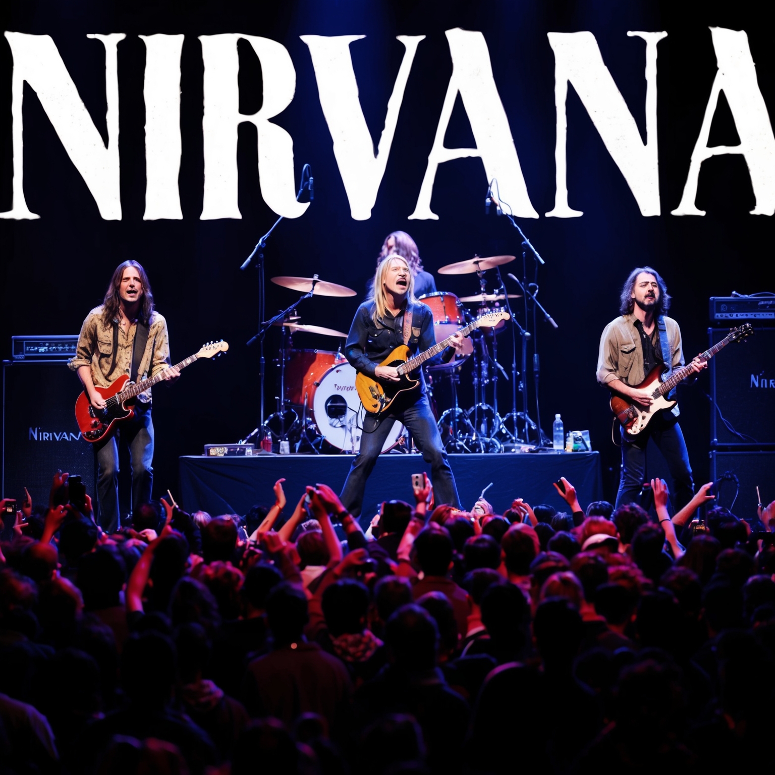 Create an image capturing a live performance of Nirvana performing 