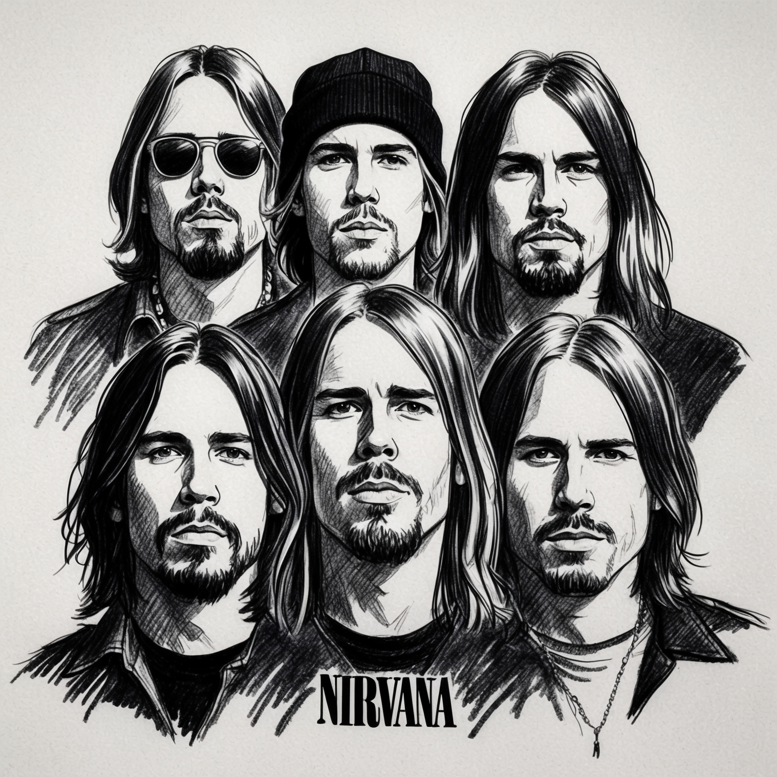 Black and white charcoal portrait of Nirvana band members, half-finished, stylistic drawing capturing the essence of grunge music, expressive and dynamic.